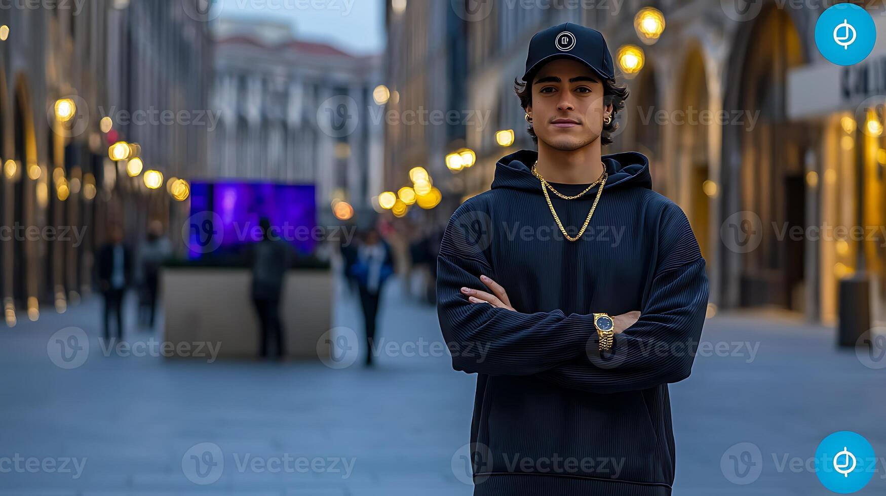 Young man in casual attire stands confidently in a bustling urban street at twilight photo