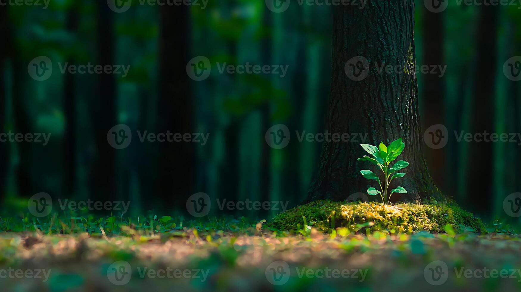 Young plant emerging from moss at the base of a tree in a serene forest setting photo