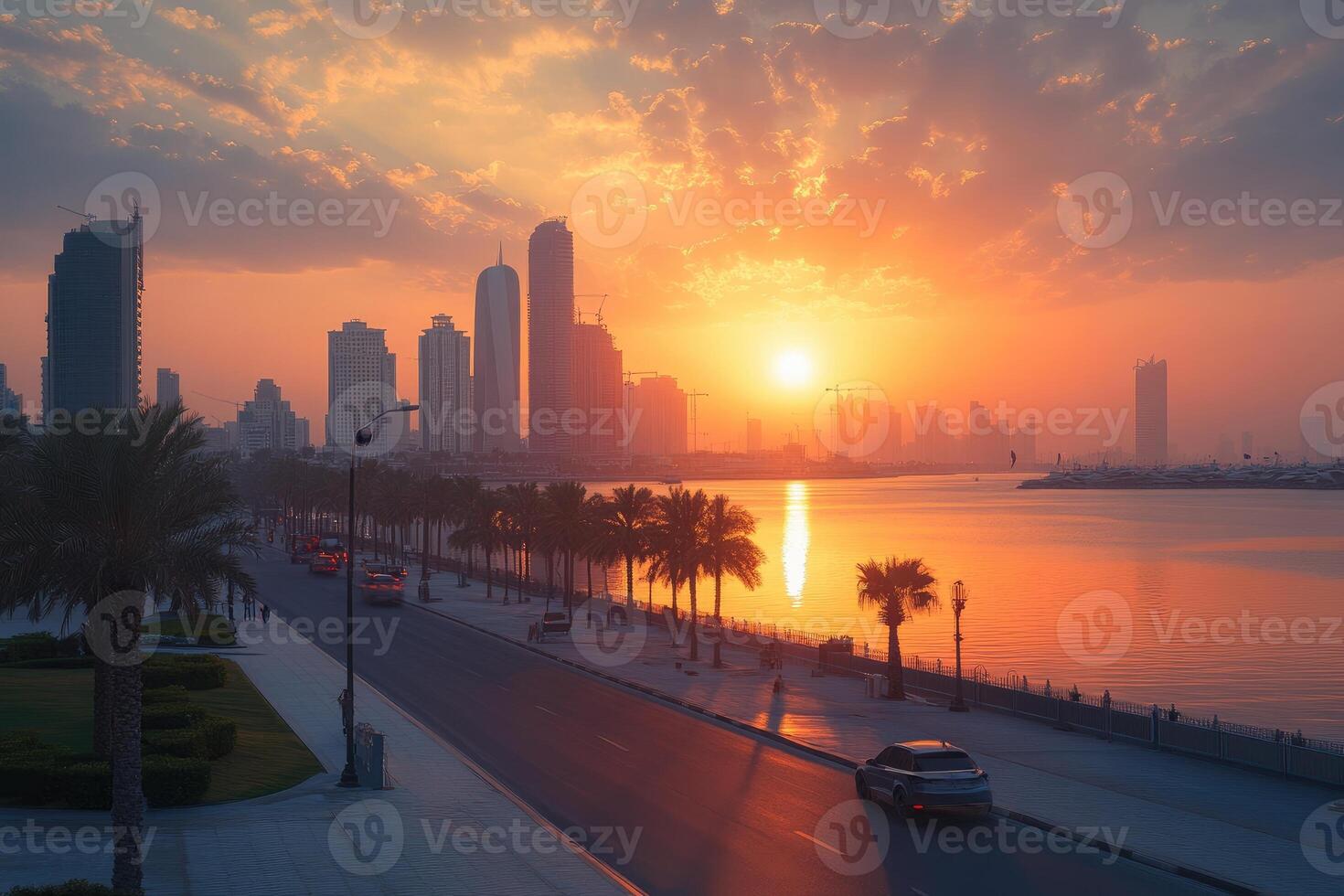 Orange sunset illuminating manama skyline in bahrain with palm trees along the road photo