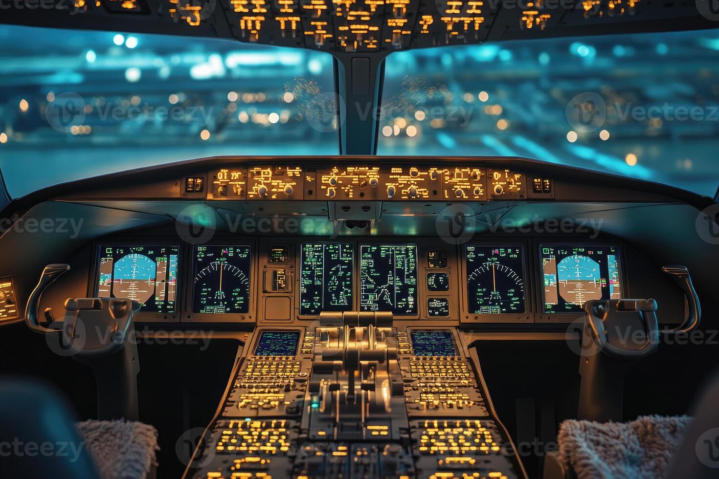 Airplane cockpit lights up at night, ready for takeoff photo