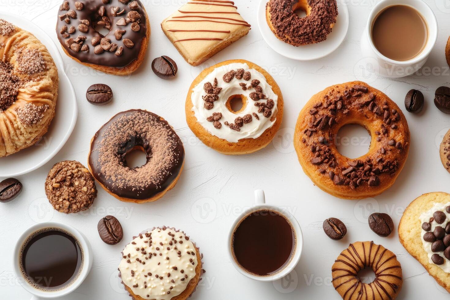 Delicious assorted donuts lying on white table with cups of coffee photo