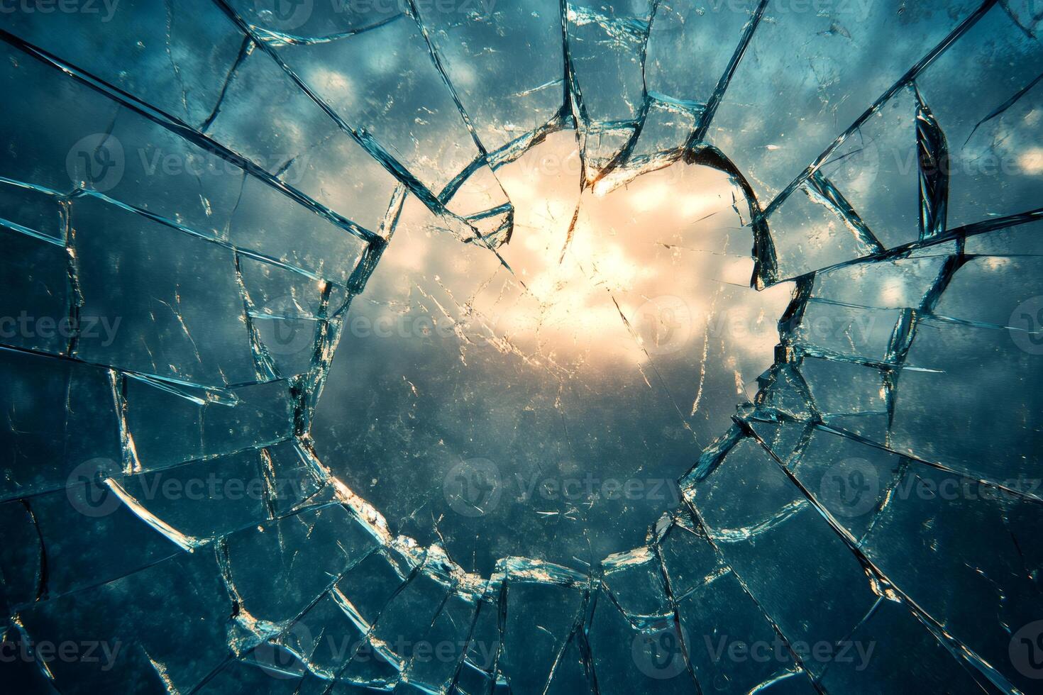 Sunlight shining through broken glass shards photo