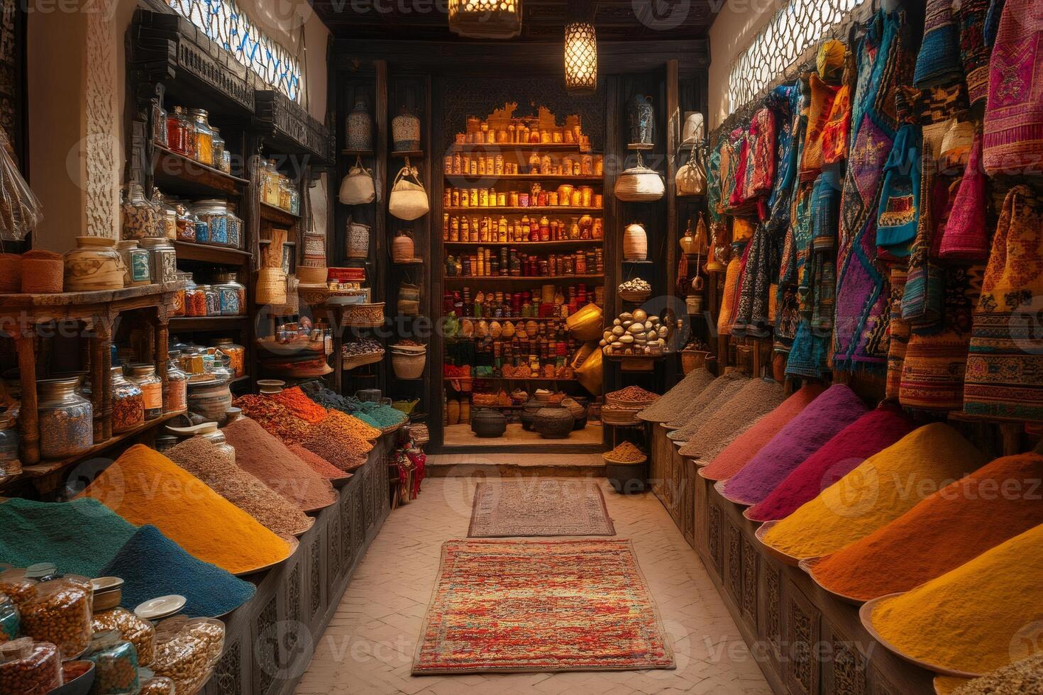 Colorful spices and rugs filling a traditional moroccan souk photo