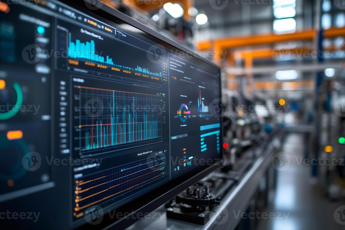 Computer screen showing industrial production analytics in a modern factory photo
