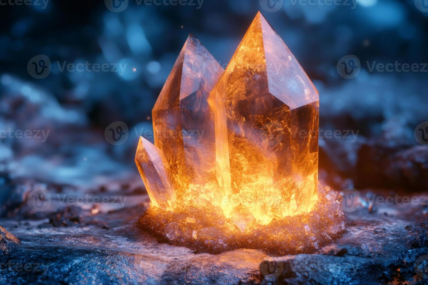 Glowing crystal cluster emerging from dark volcanic rock photo