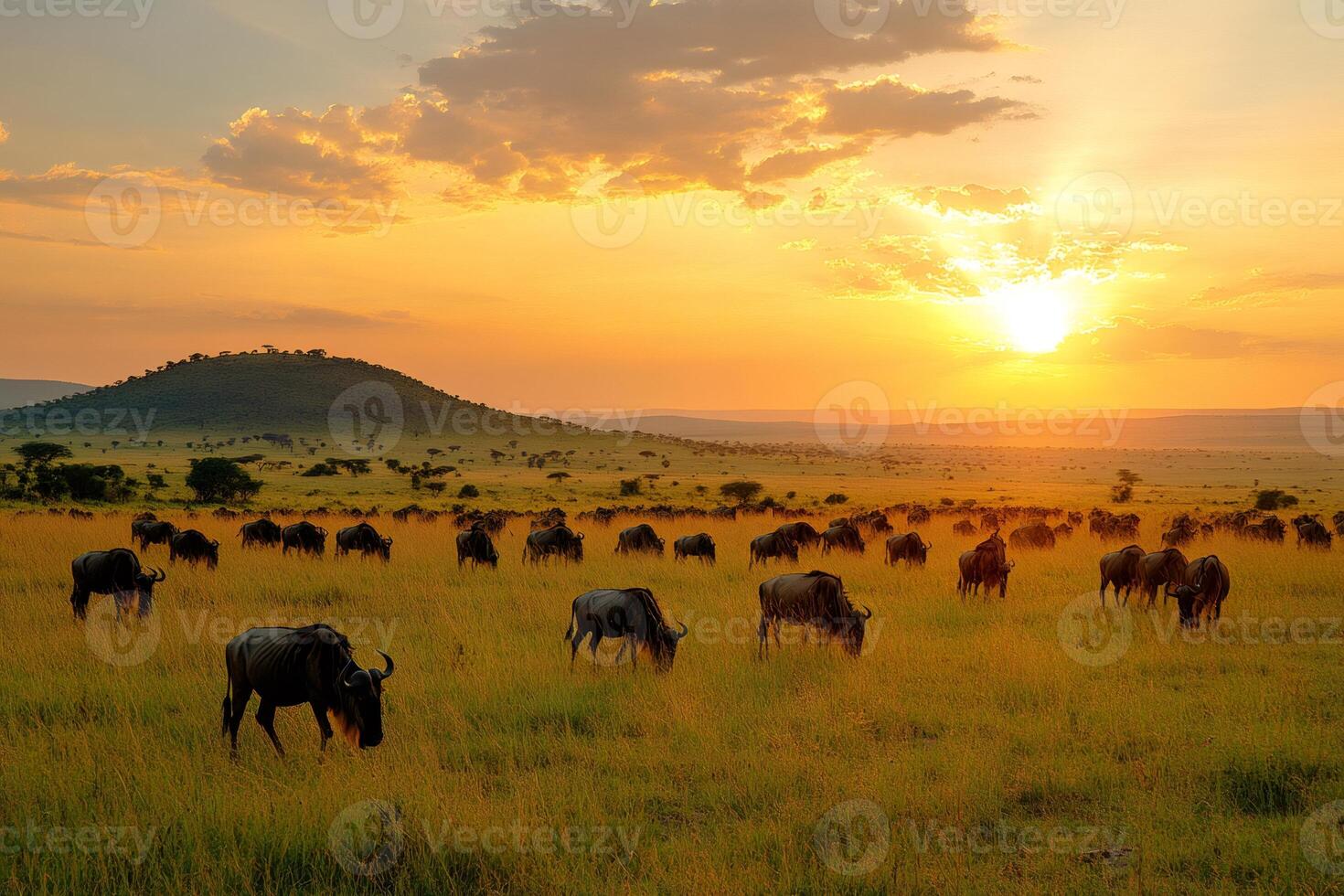 Majestic wildebeest herd grazing at sunset in african savanna photo