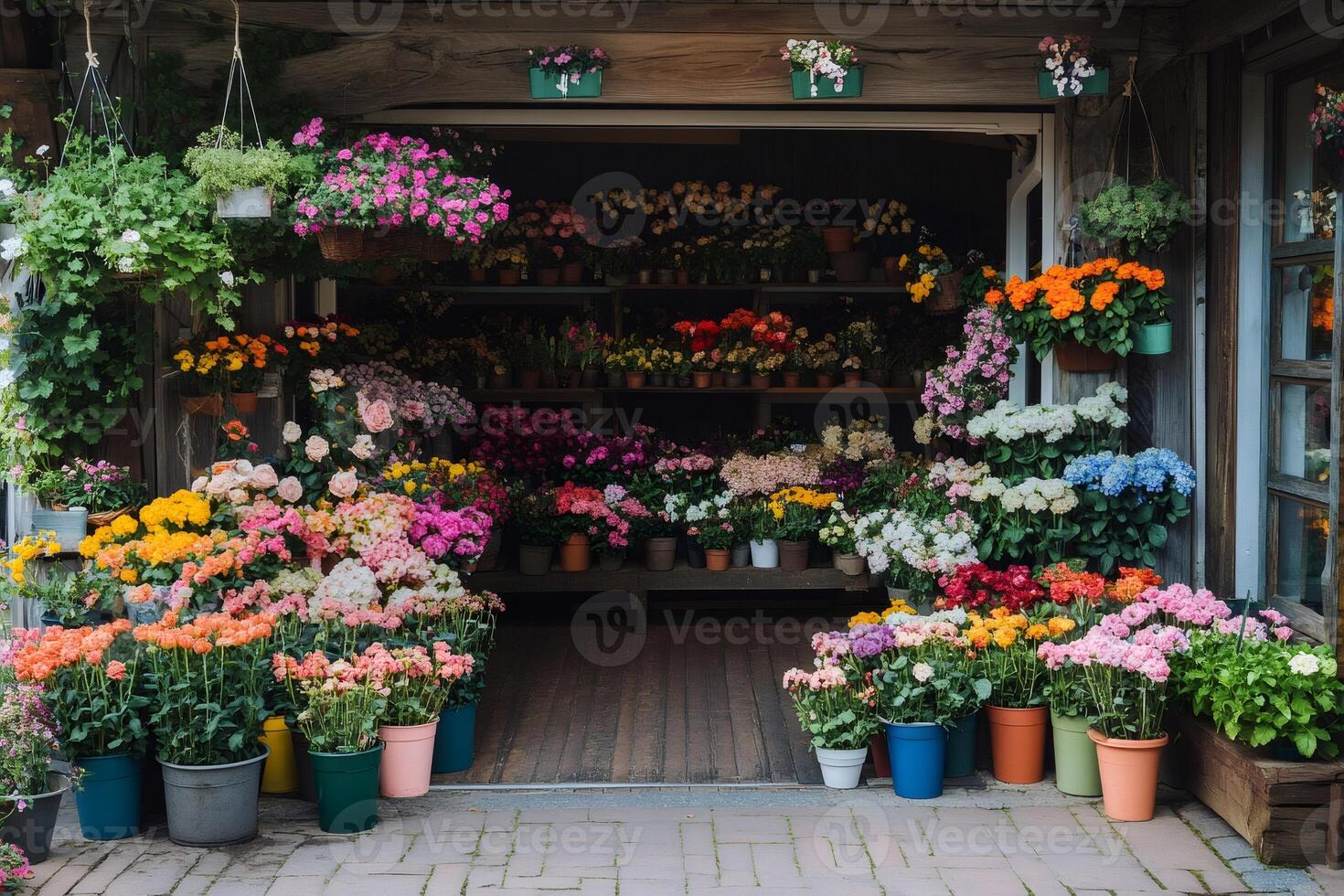 Vibrant flower shop display with colorful blooms photo