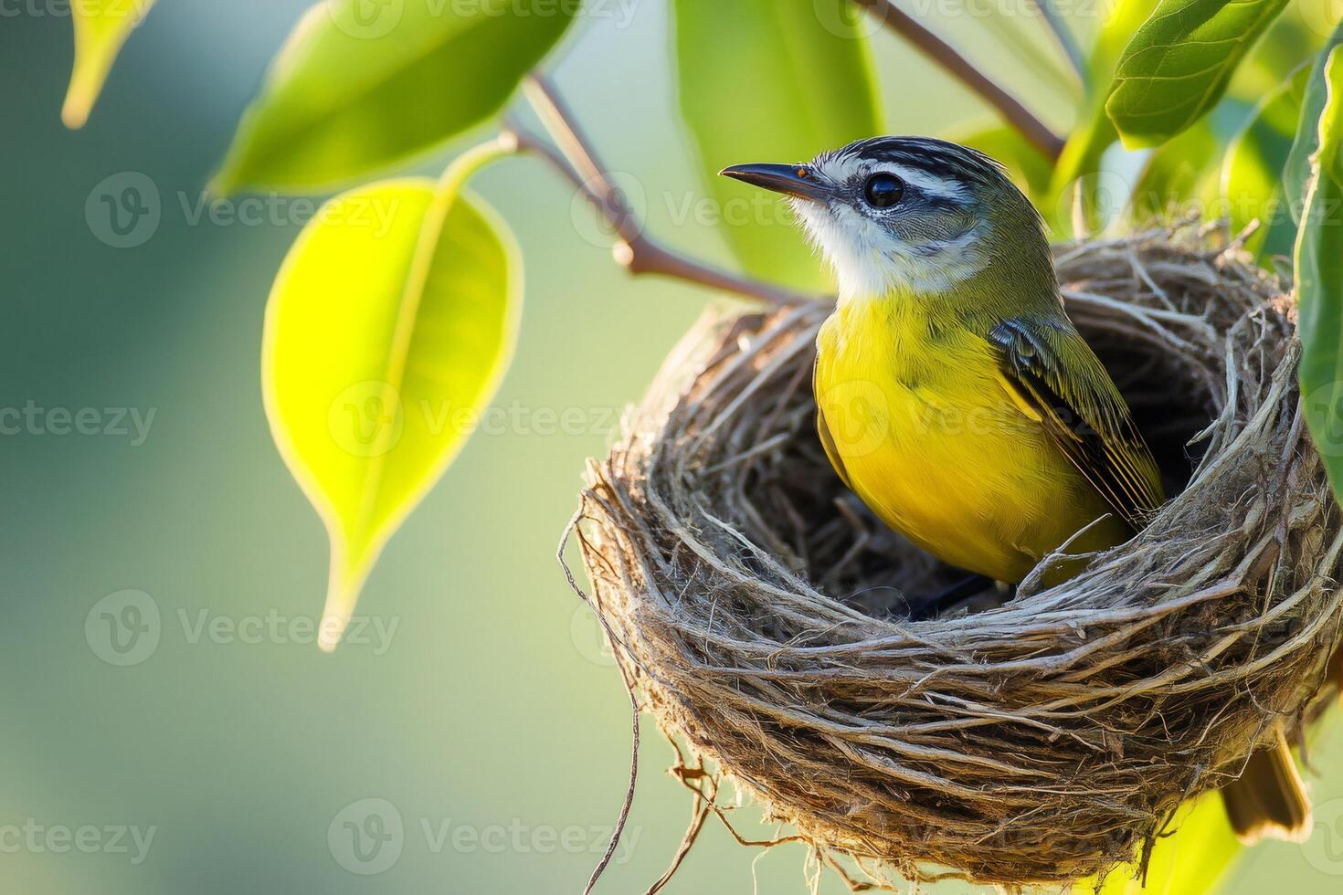 Yellow bird resting in nest during springtime photo