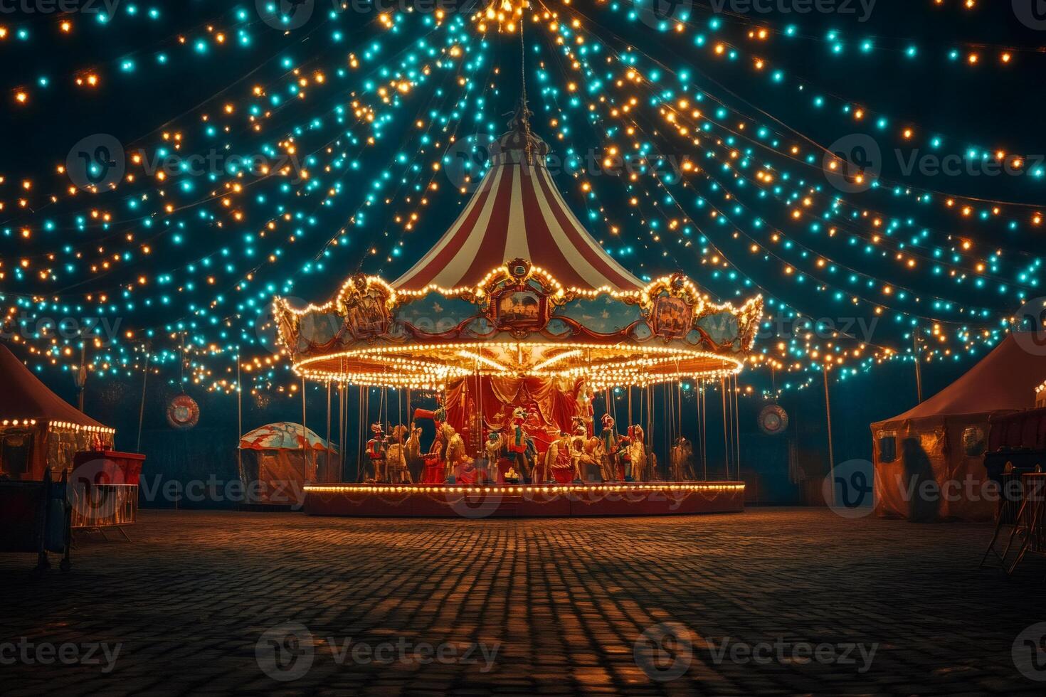 Enchanting vintage carousel illuminated by string lights photo