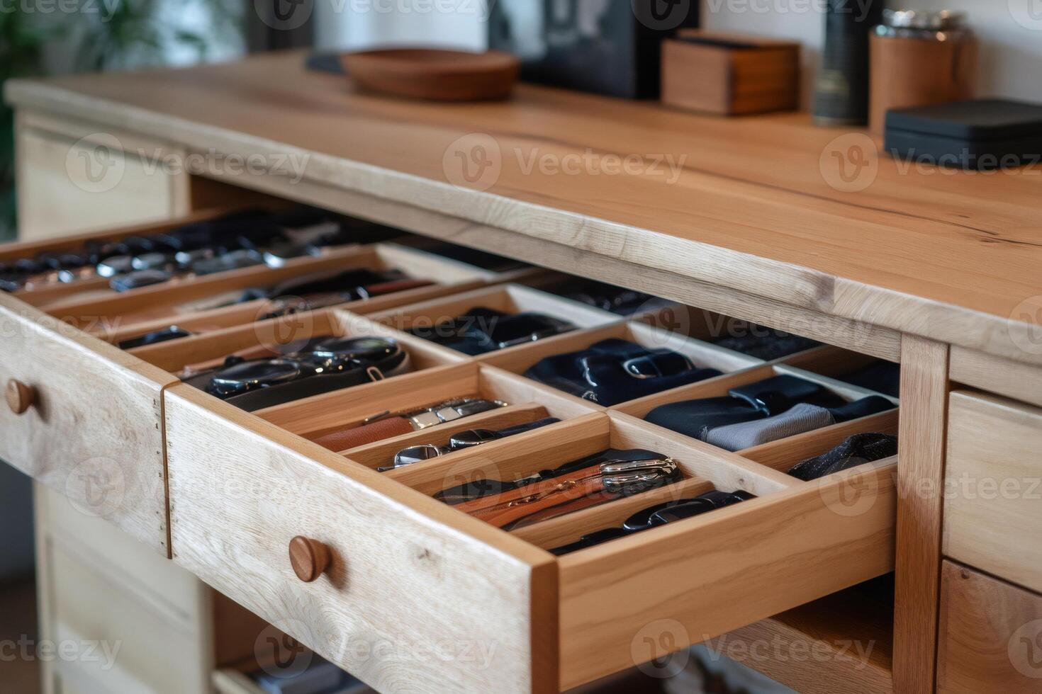 Organized wooden desk with open drawers displaying accessories photo