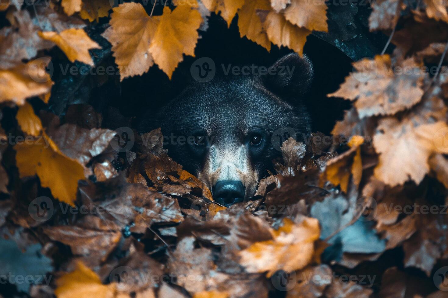 Brown bear hiding in autumn leaves, observing surroundings photo