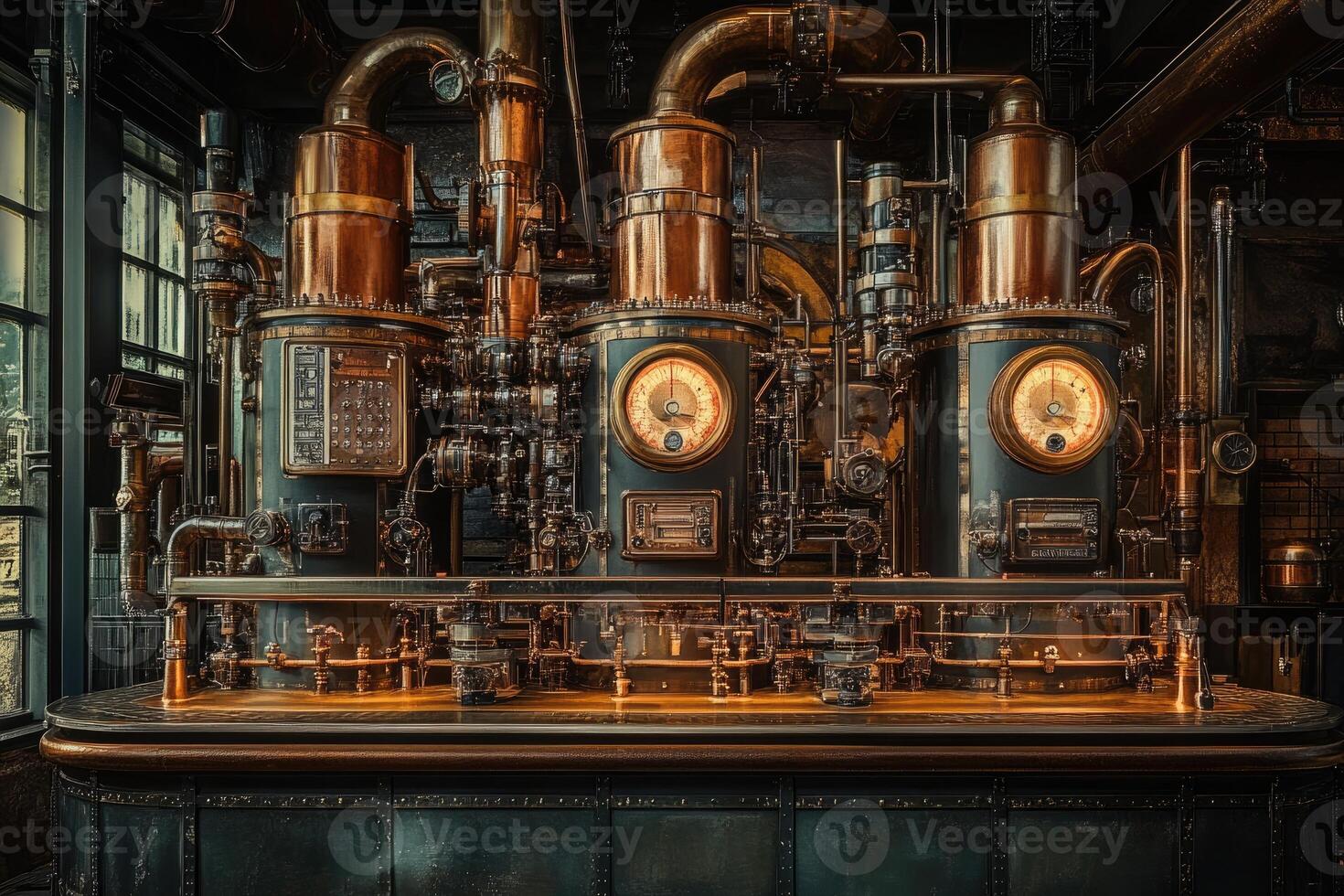 Complex copper pipes and gauges steampunk machinery displayed on counter photo