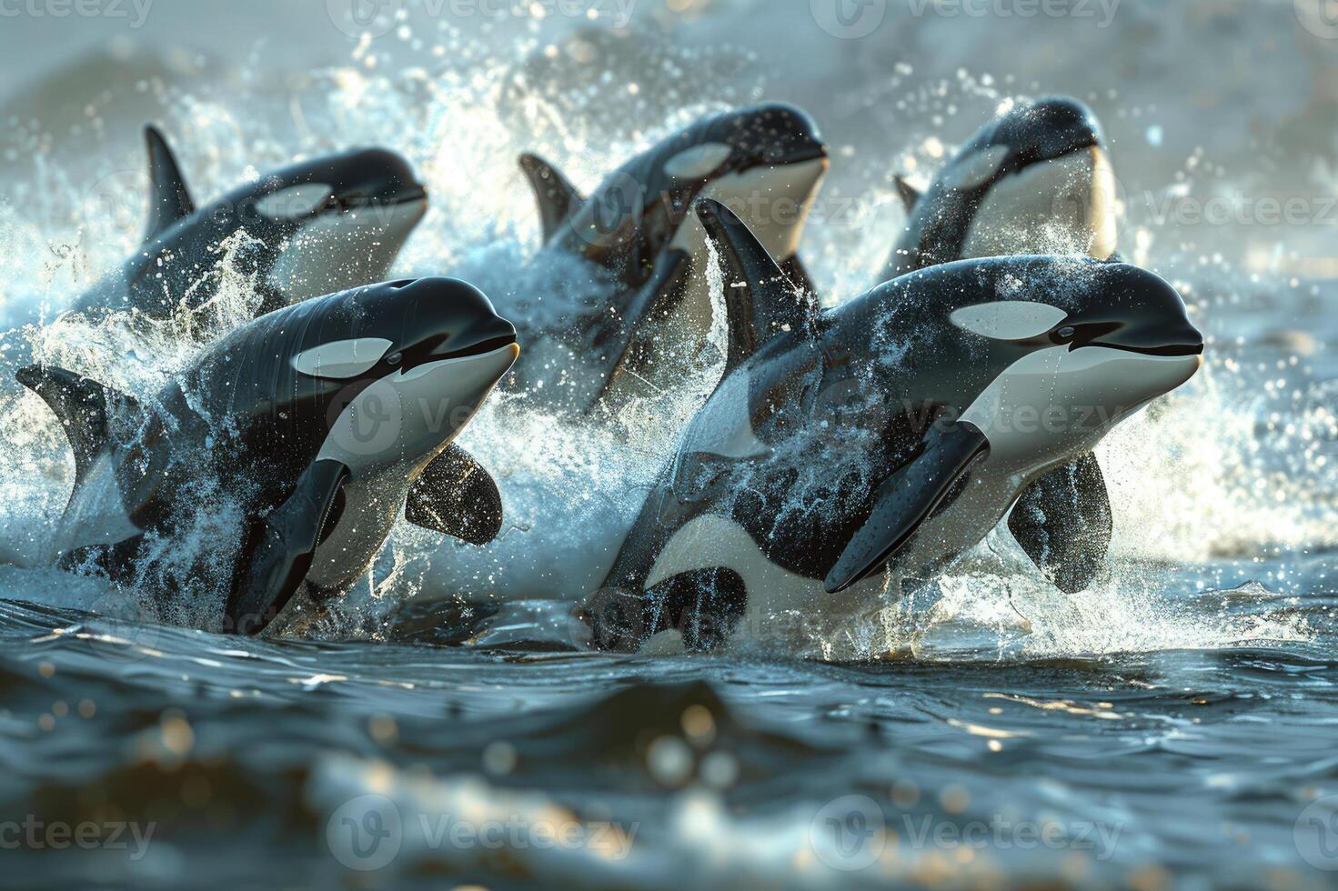 Family of killer whales jumping out of the ocean water photo