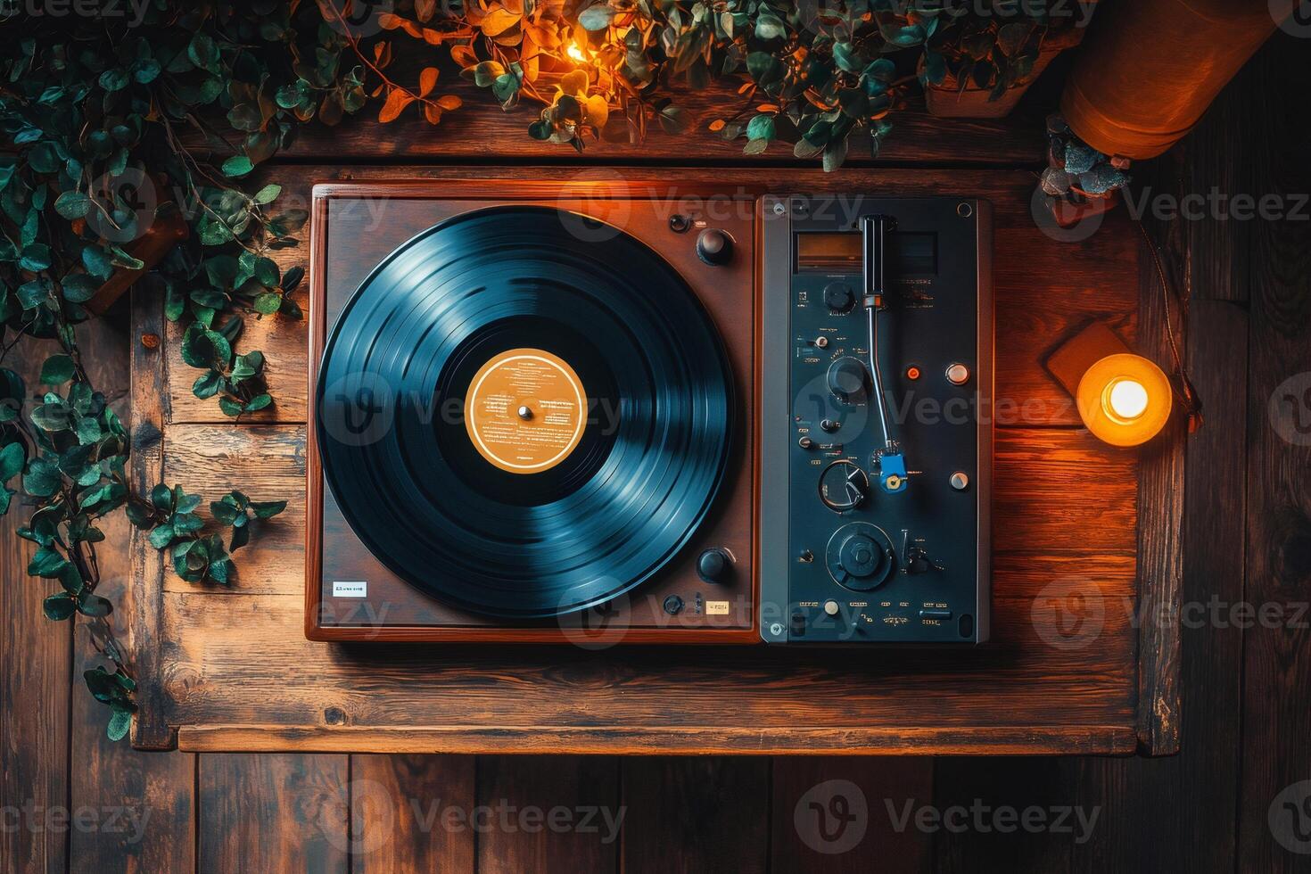 Vintage turntable playing vinyl record on wooden table photo