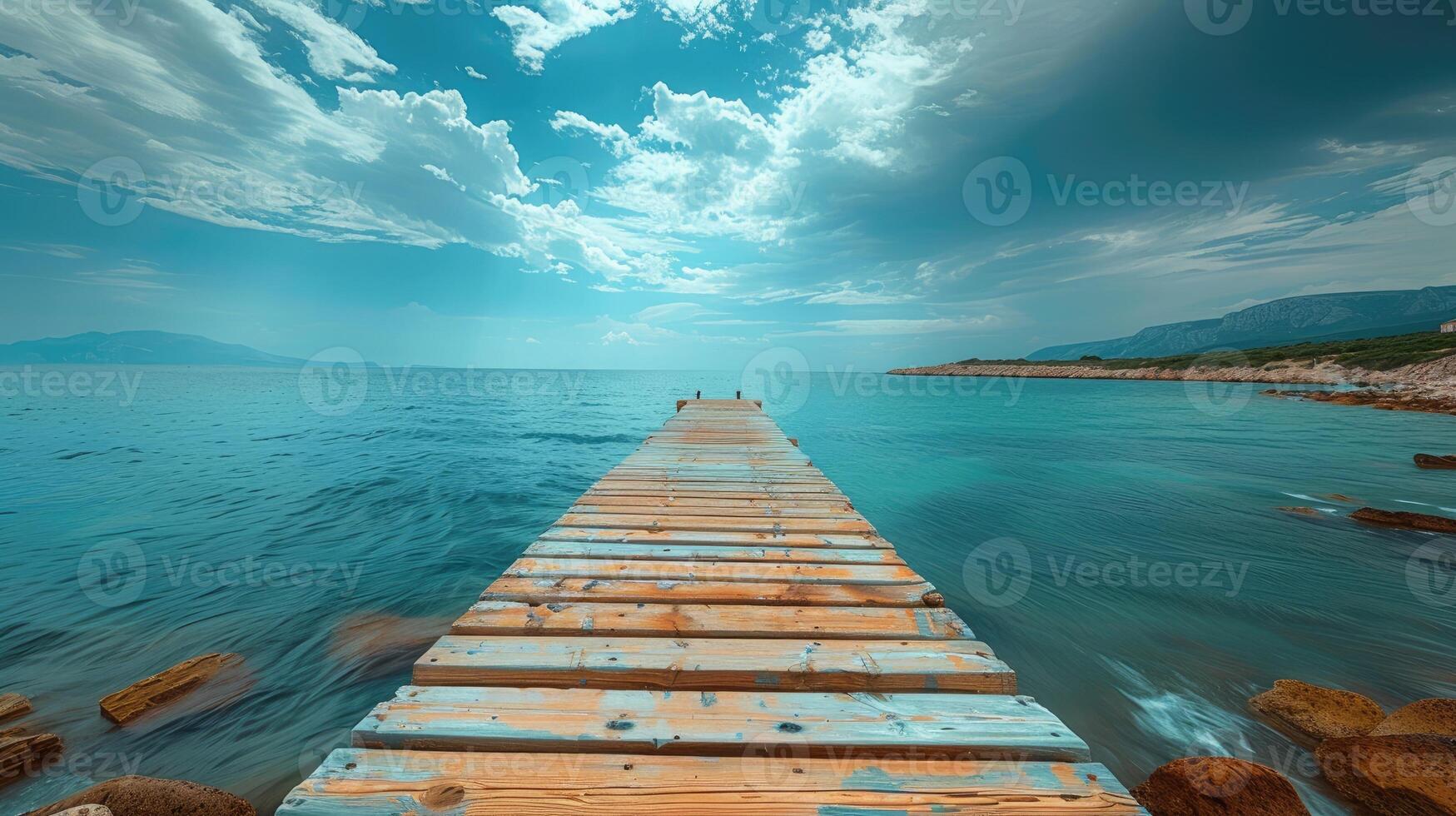 Wooden pier extending into tranquil ocean. with mountains in the distance photo