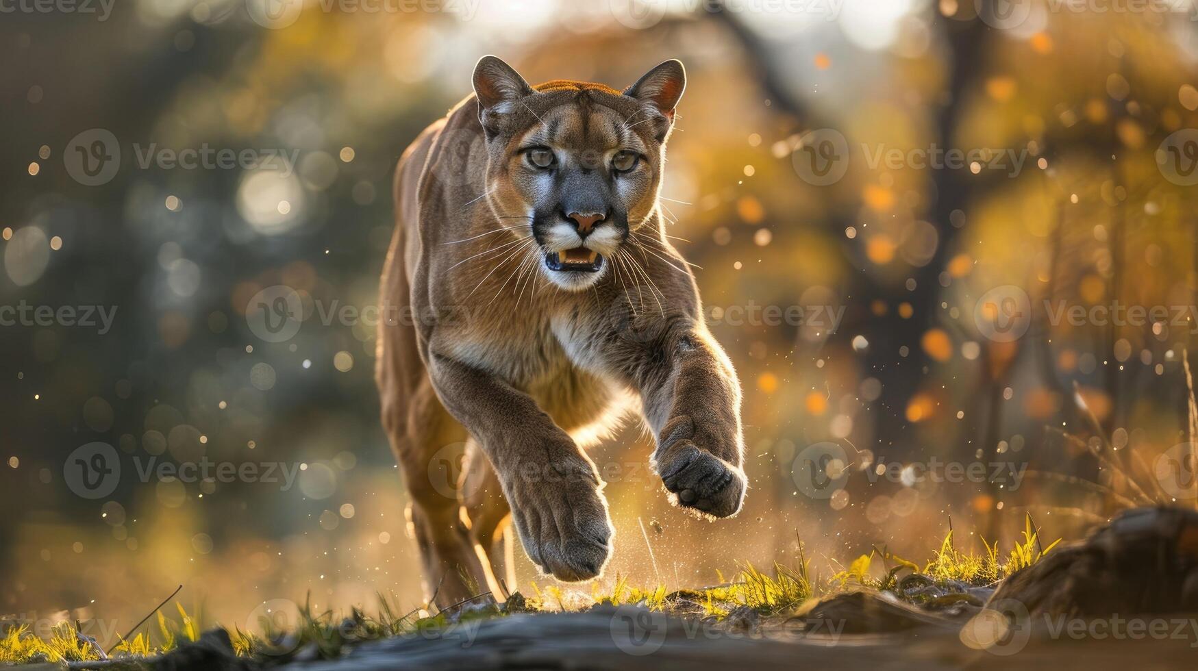 Close-up of attacking roaring cougars photo