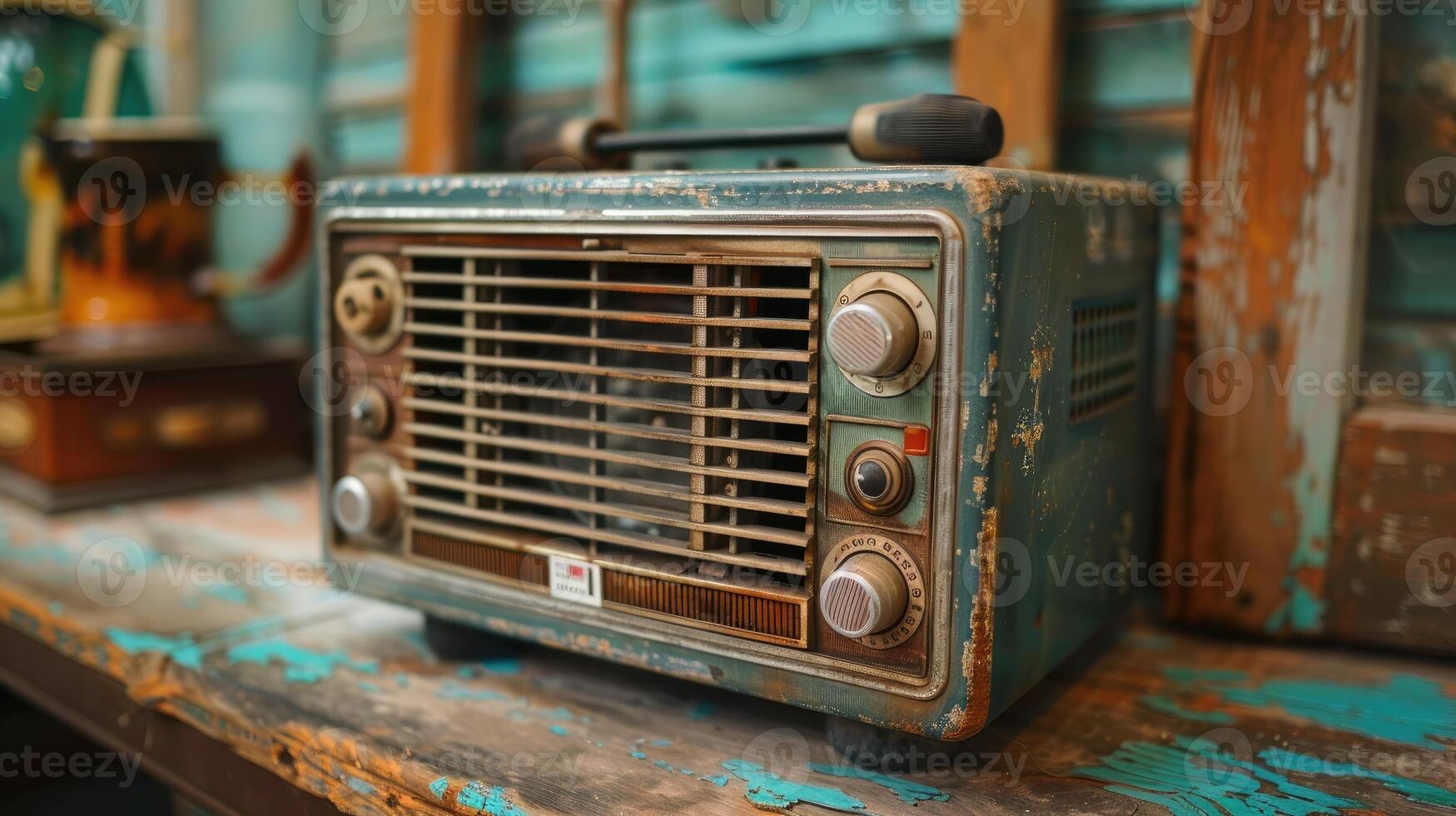 Clásico radio en de madera estantería exhibiendo diverso retro diseños foto