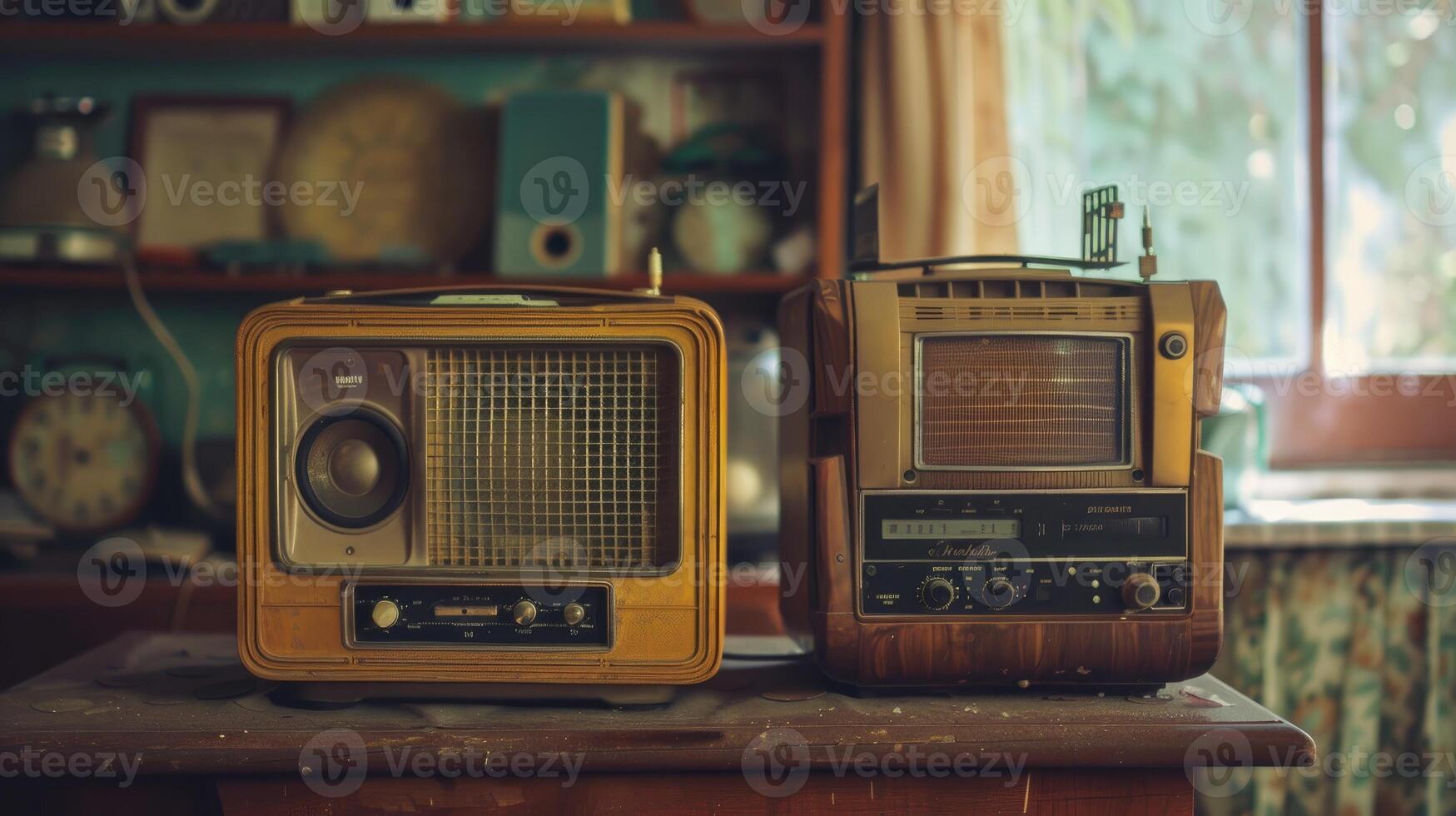Collection of vintage radios on wooden shelves showcasing diverse retro designs. photo