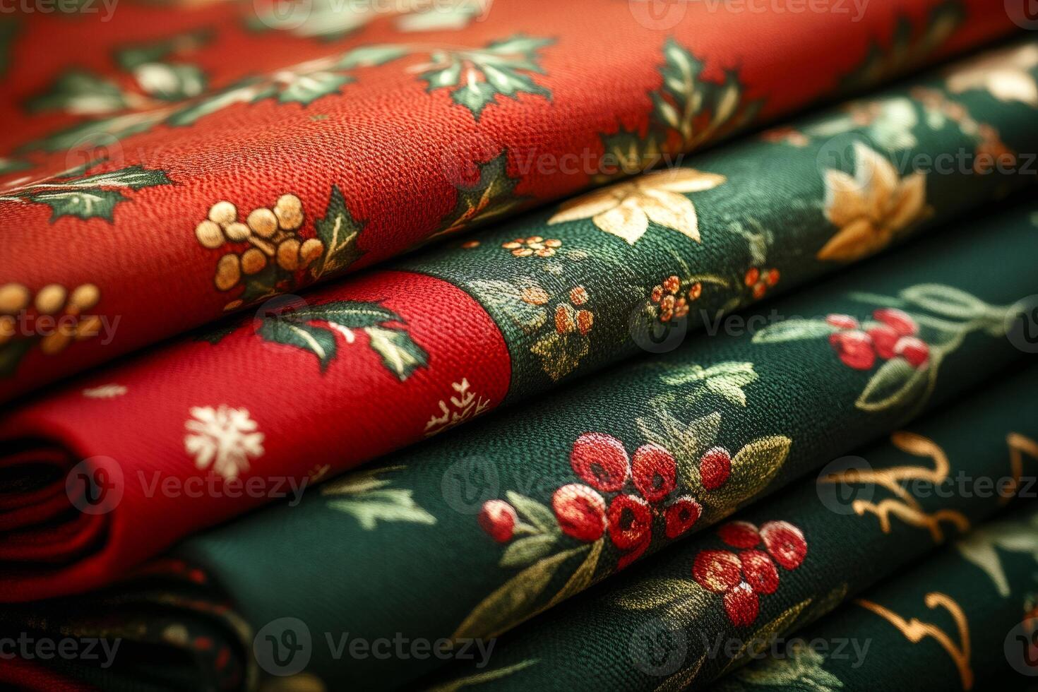 Stack of festive christmas fabrics showing holly berries and poinsettias photo