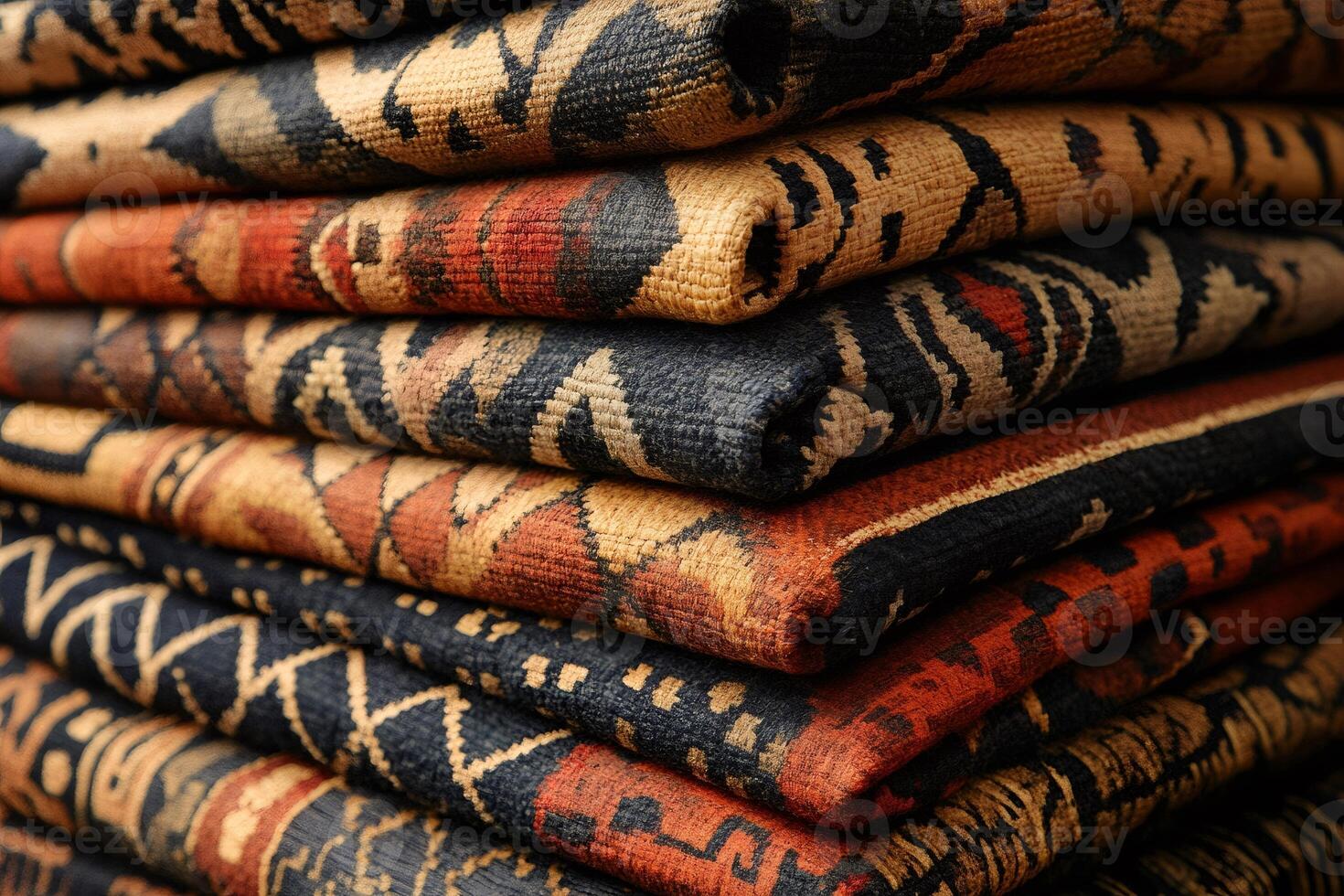 Stack of folded carpets showing different colors and patterns photo