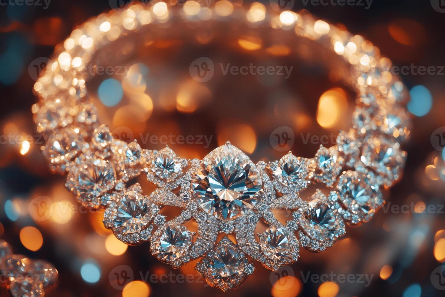 Close-up of a luxurious diamond necklace sparkling on a blurred background photo