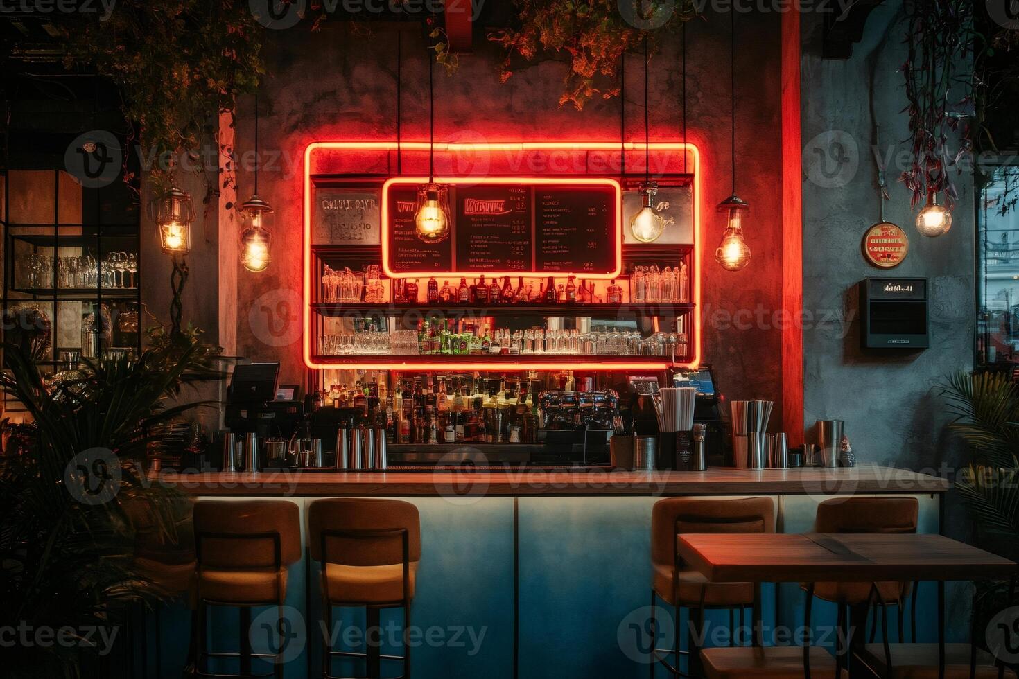 Empty bar counter with red neon lights and tropical plants displaying a modern and trendy atmosphere photo