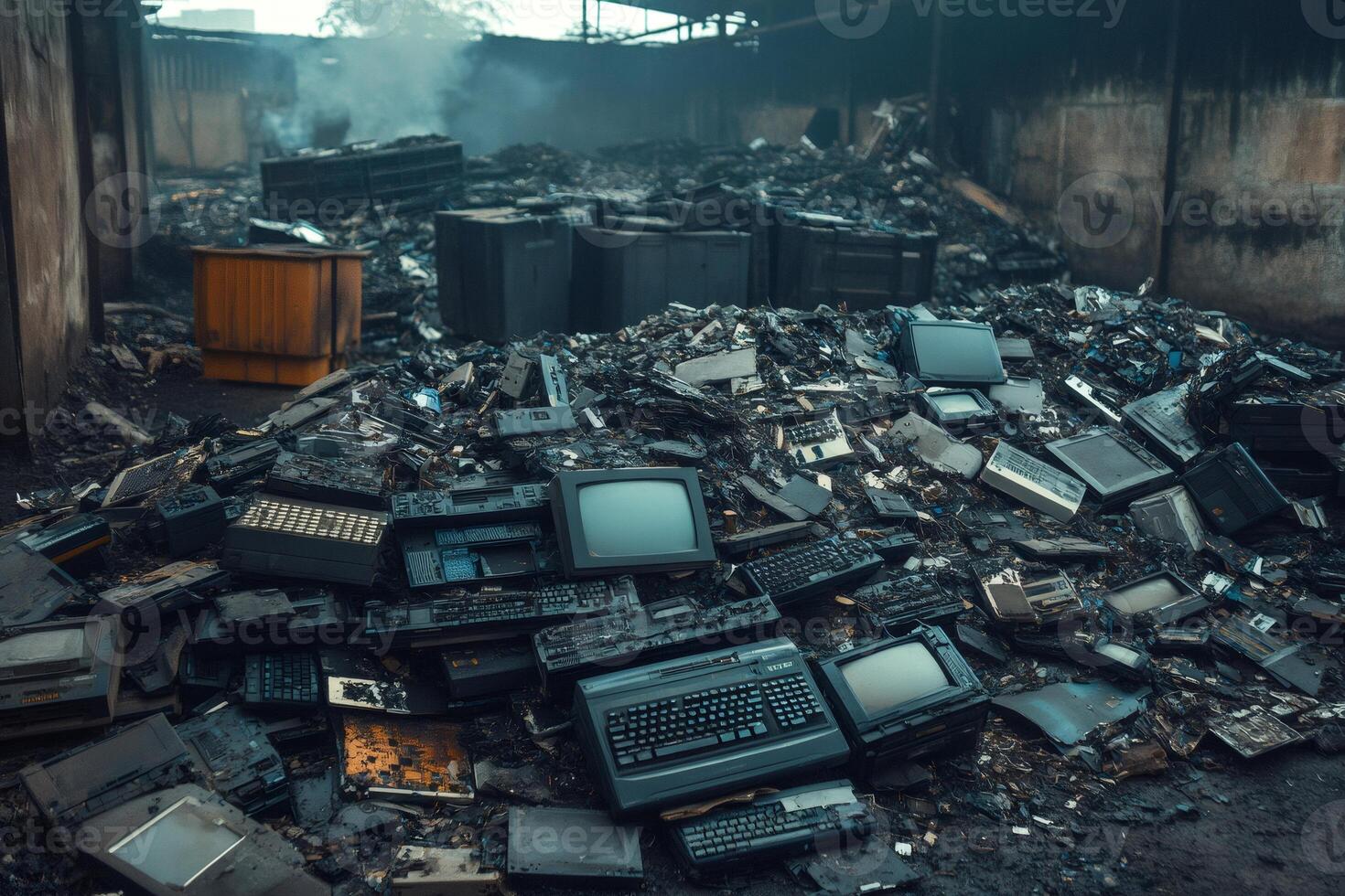 Pile of broken and burned computer parts filling a room after a fire photo
