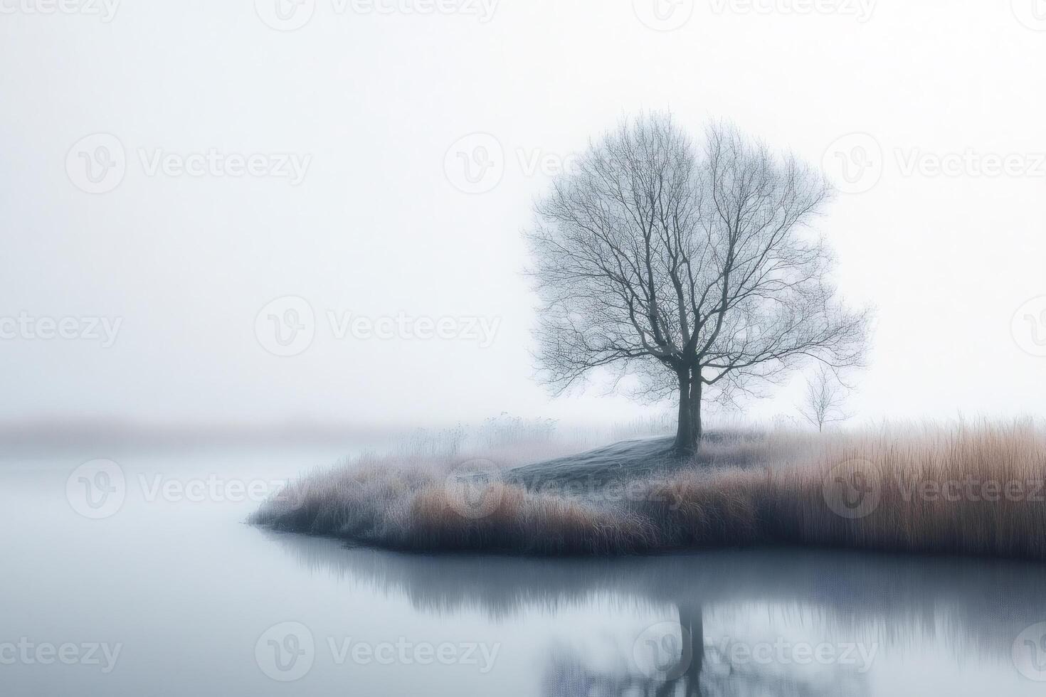 Bare tree emerging from foggy lake on a cold winter morning photo