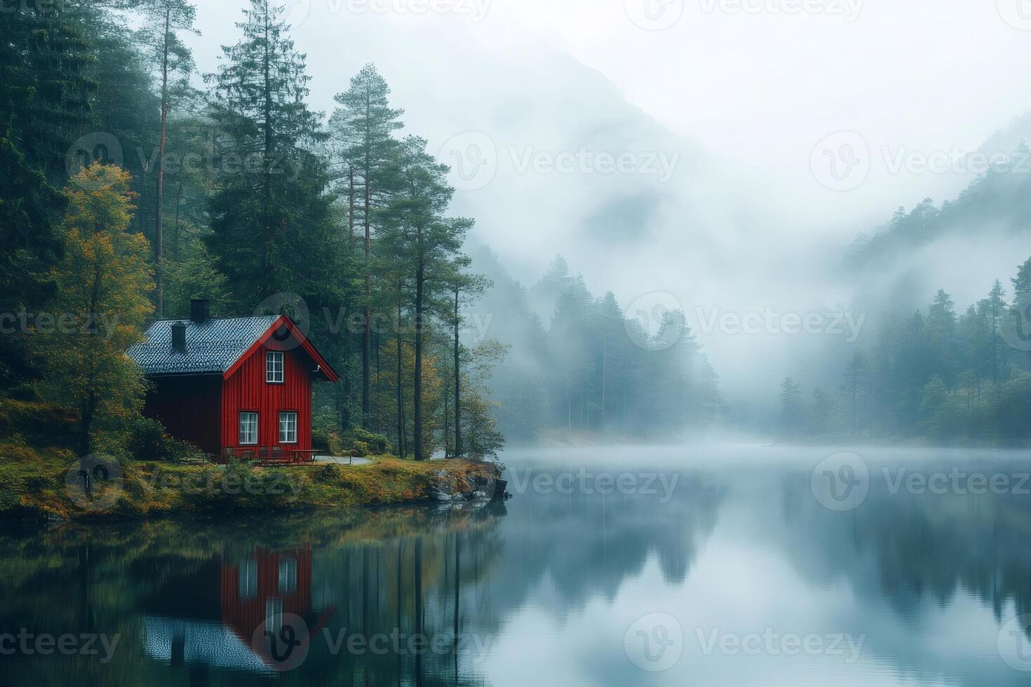 Red wooden cabin reflecting on misty lake in tranquil forest photo
