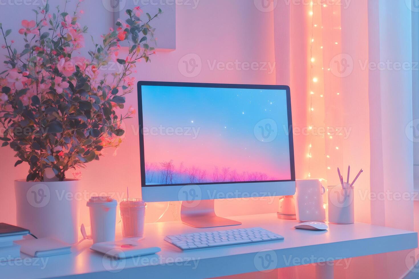 Cozy pink and blue neon lit home office setup with desktop computer and flowering plant photo