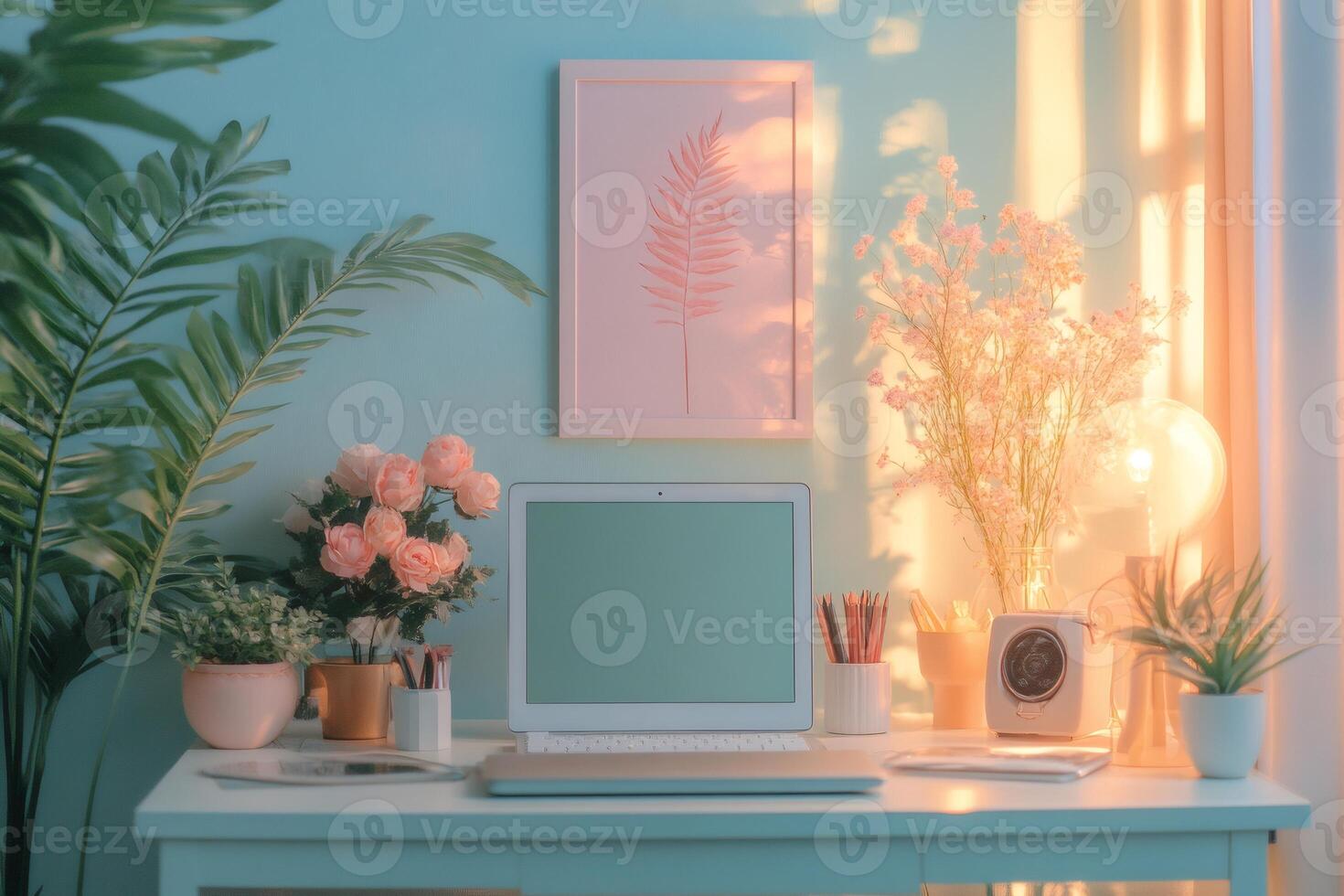 Laptop showing green screen on desk with flowers and plants at sunset photo