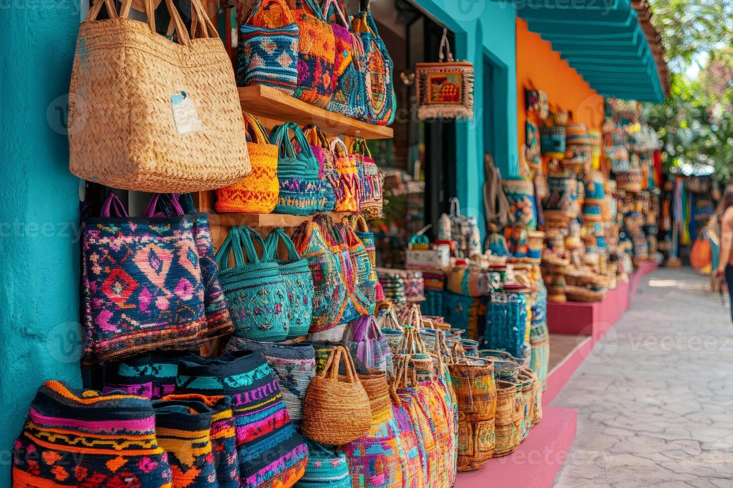 Colorful handmade bags displayed on shelves in a traditional mexican shop photo