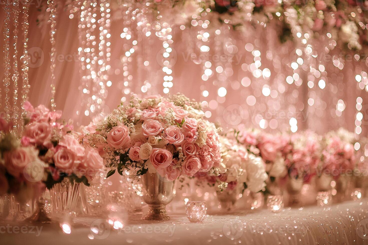 Pink roses wedding centerpieces decorating reception table under sparkling crystal decoration photo