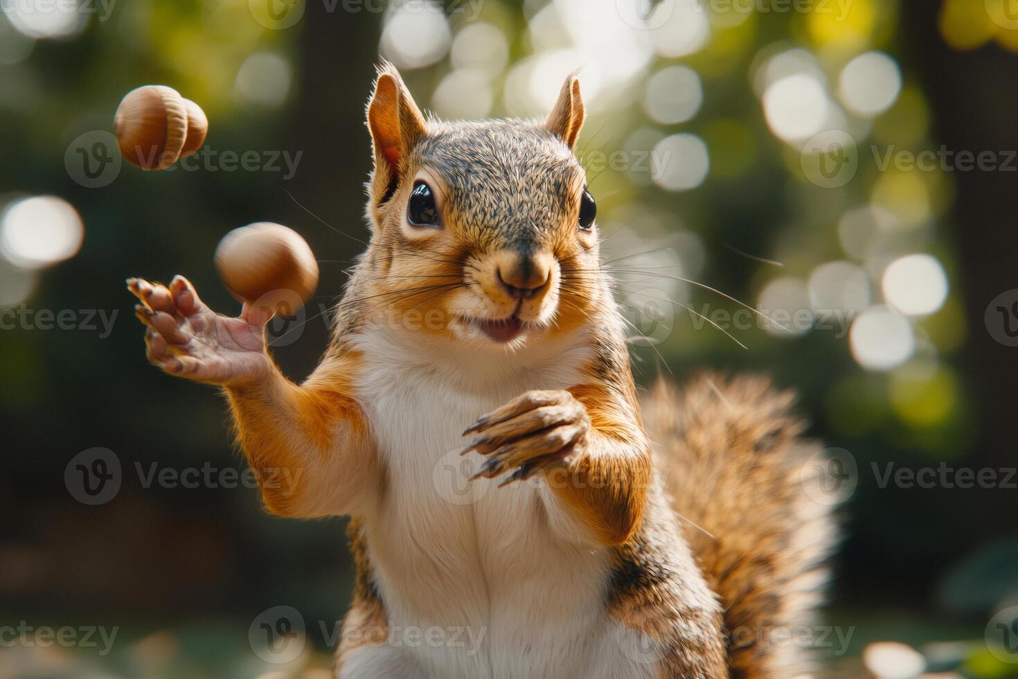 Squirrel juggling hazelnuts in the forest photo