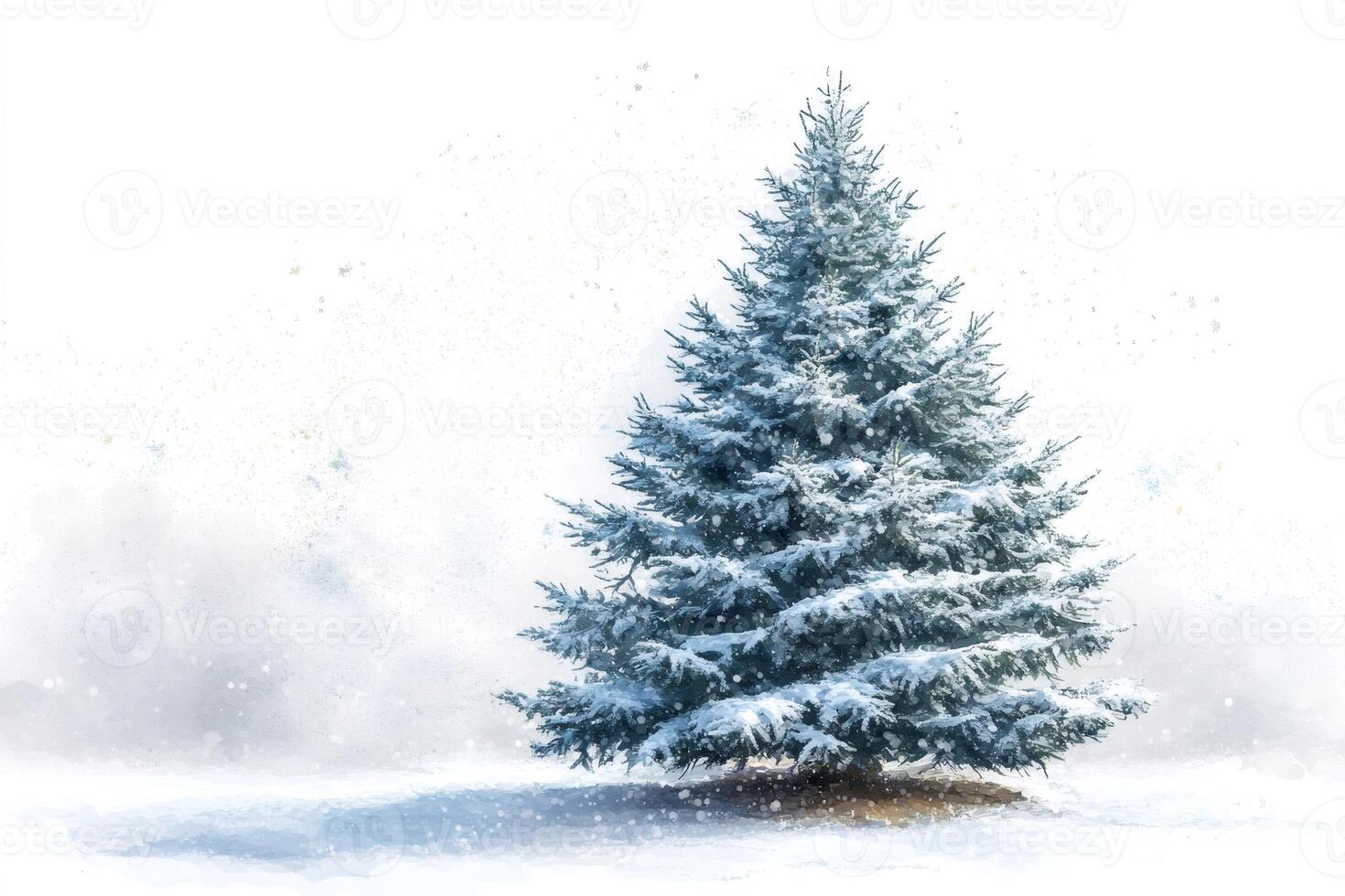 Snowy christmas tree standing in a snowy field during a snowfall photo