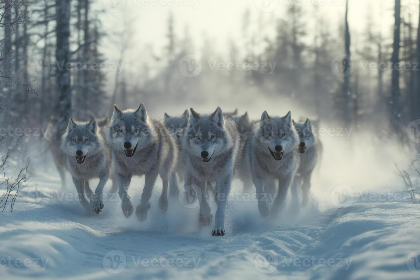 Wolf pack running through snowy forest in winter photo