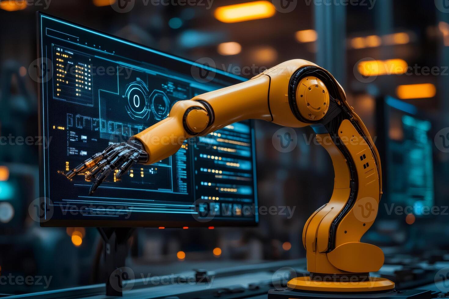 Robotic arm interacting with computer screen in futuristic factory setting photo