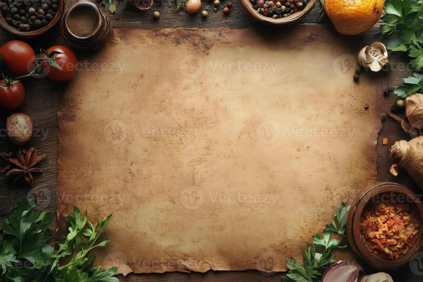 Culinary background featuring old parchment surrounded by fresh herbs and spices photo