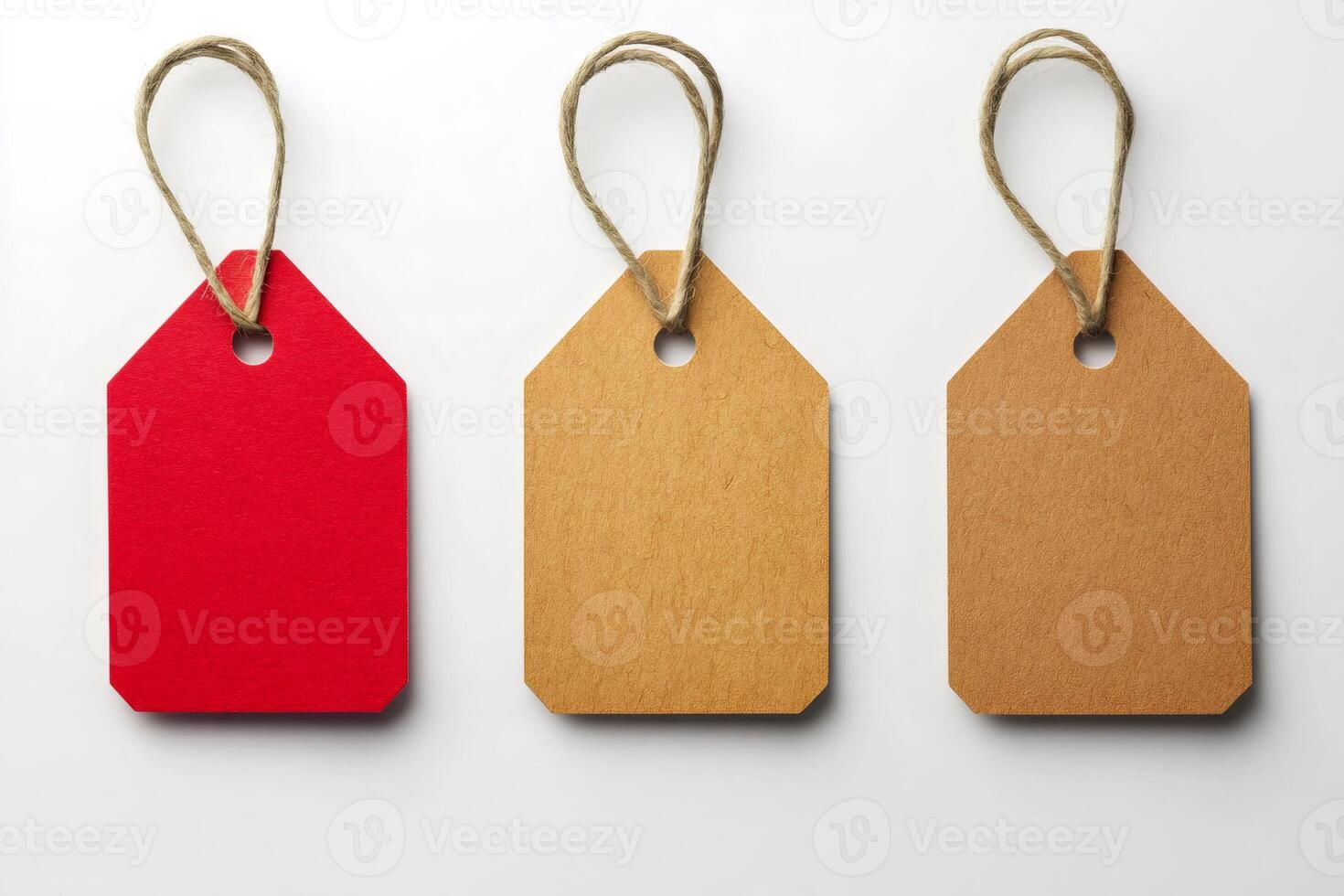 Three cardboard tags hanging with string on white background photo