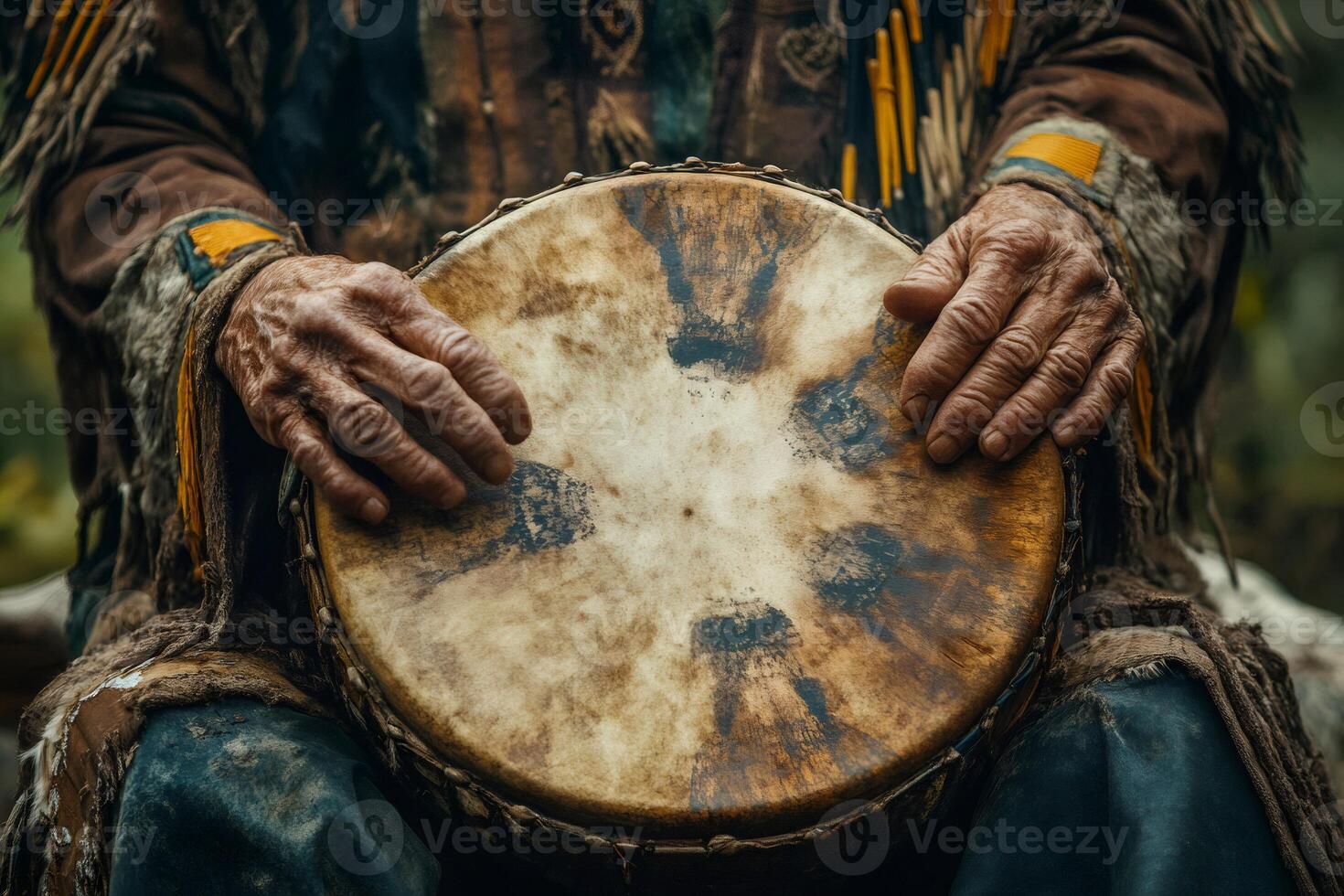 Shaman playing traditional drum in wilderness setting photo