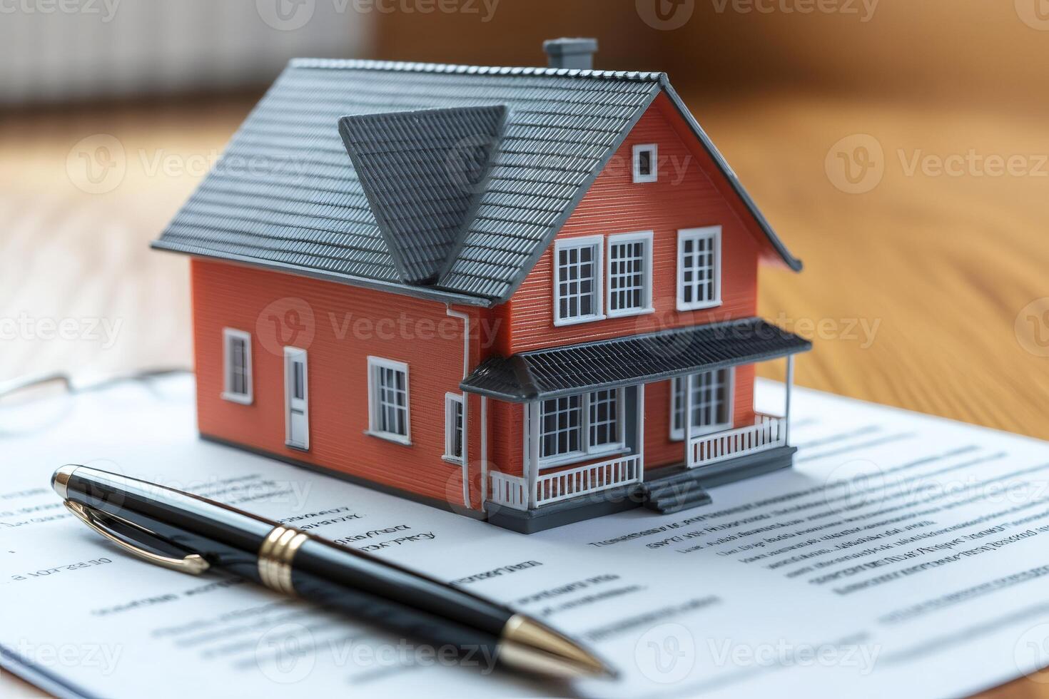 Model house standing on contract with pen suggesting signing purchasing agreement photo