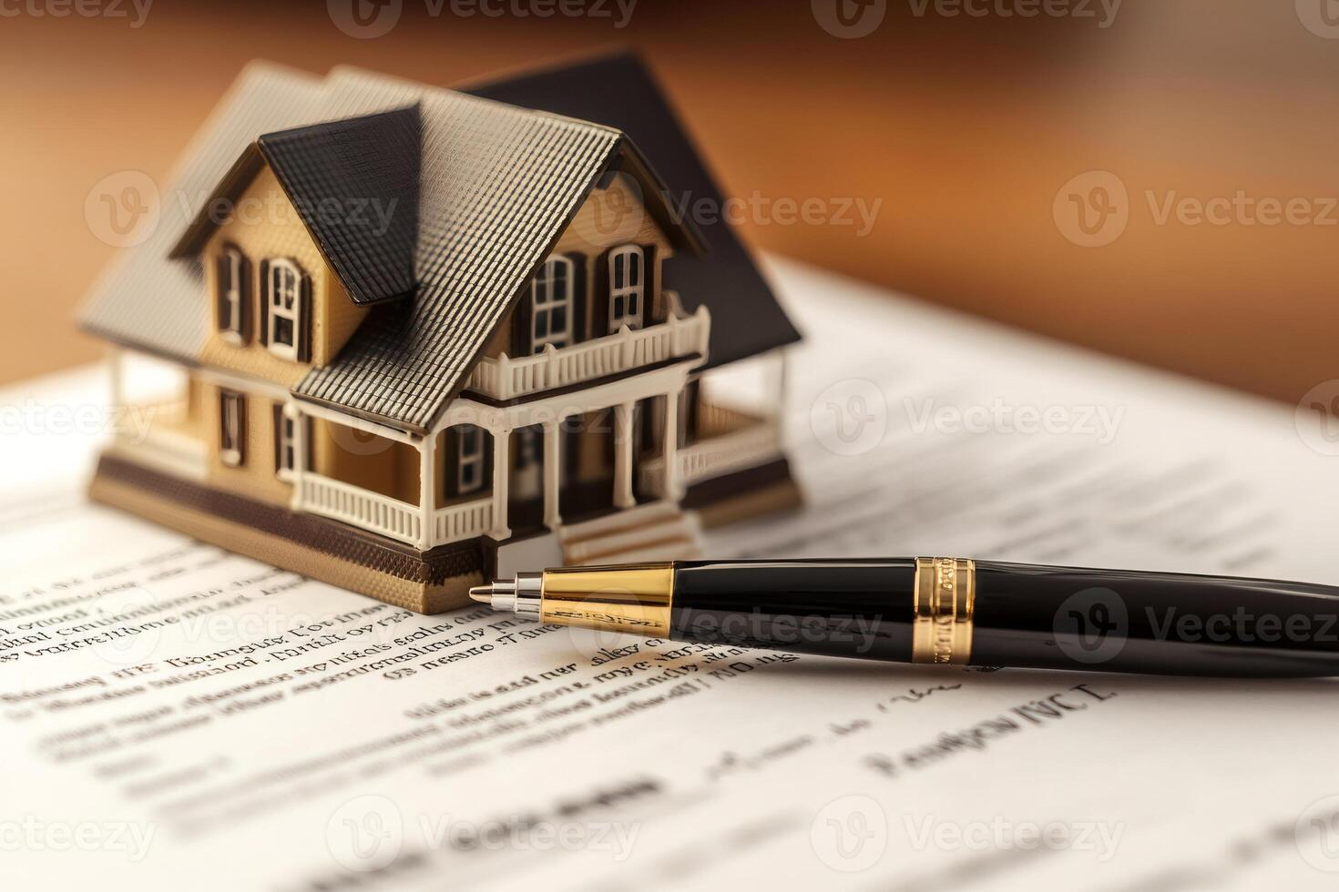 House model sitting on top of contract with elegant pen suggesting signing of agreement photo
