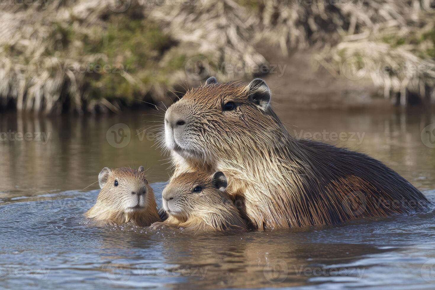 Capybara family swimming in the river with two pups photo