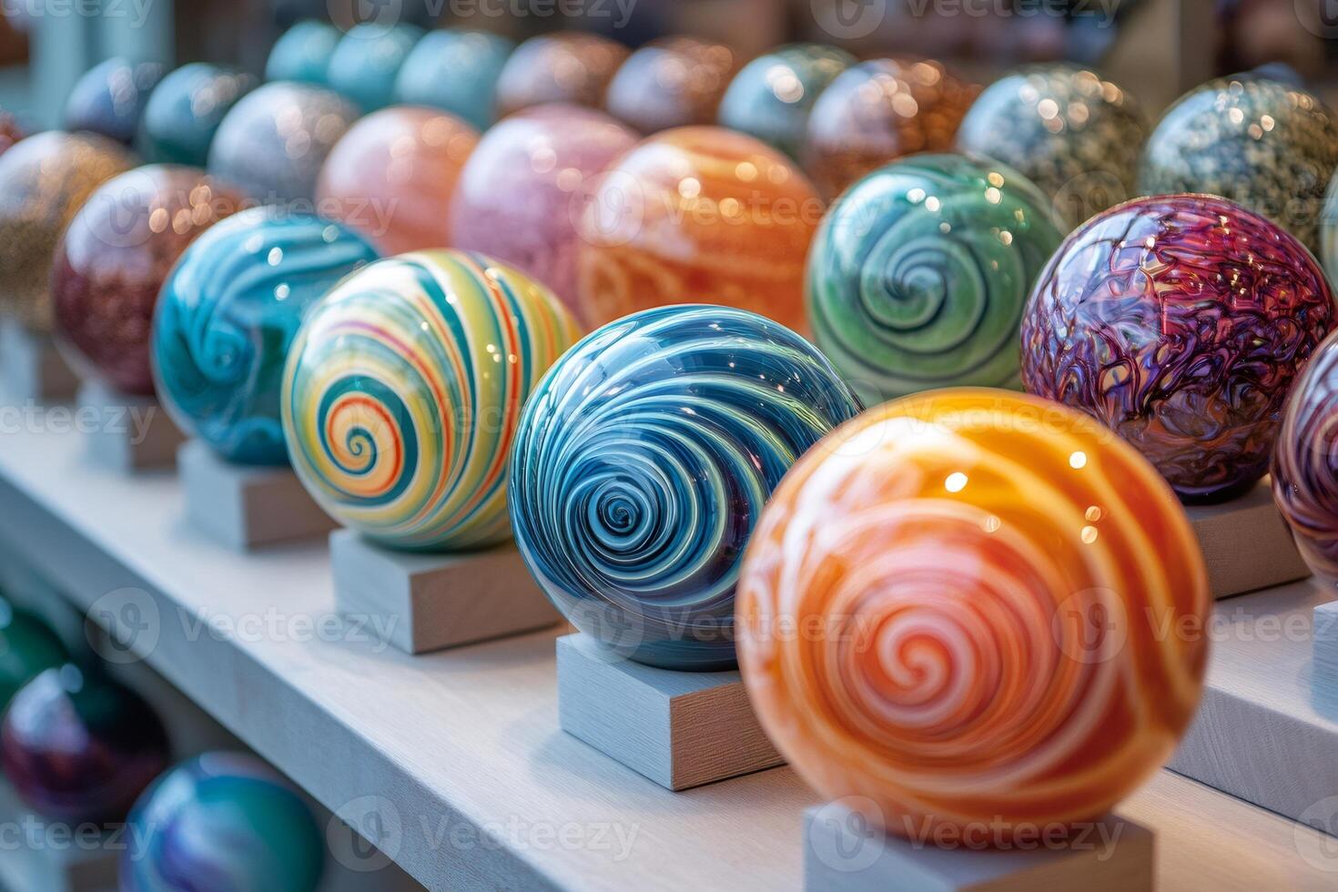 Colorful glass paperweights displayed on shelves creating a vibrant and artistic arrangement photo