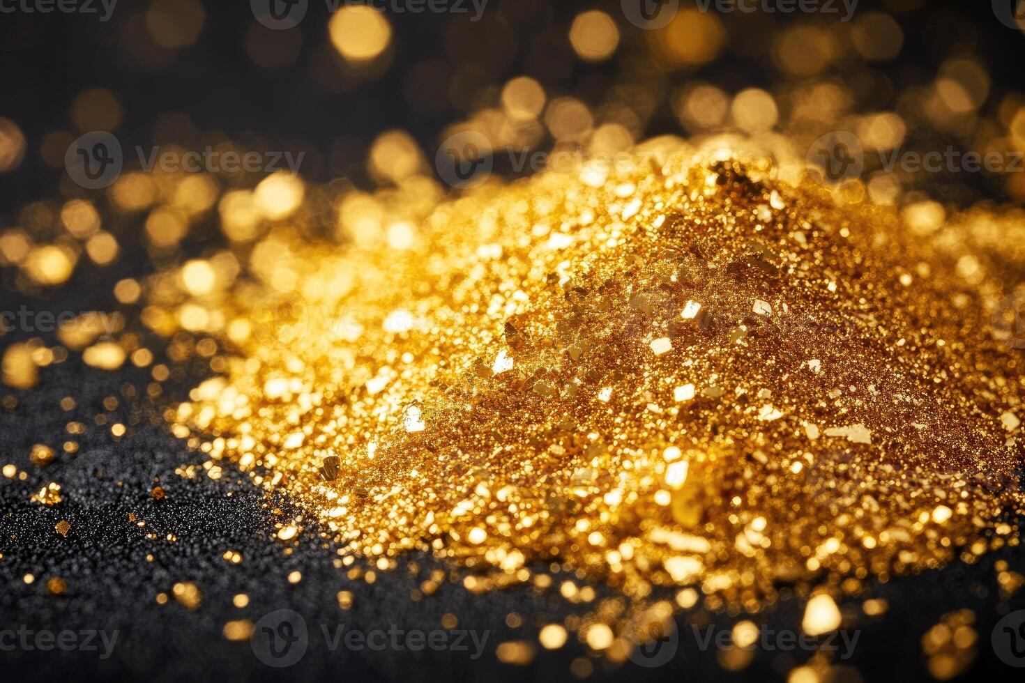 Gold glitter shining brightly on a dark background with bokeh effect photo