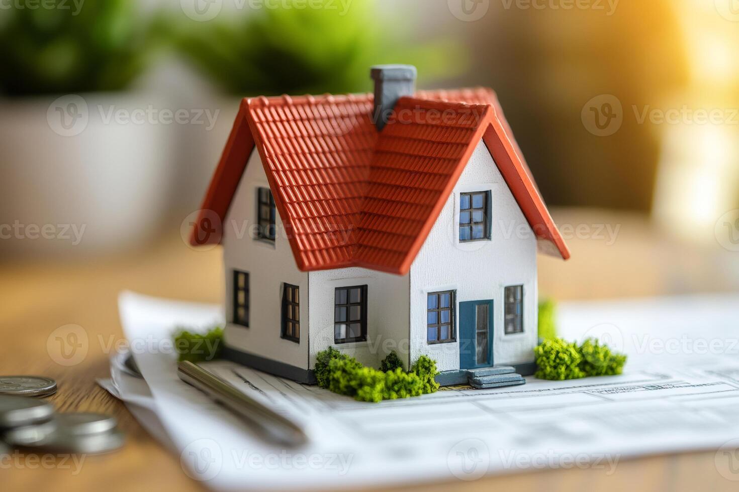 Miniature house model placed on architectural plans and contract with coins and pen, suggesting property purchase or investment photo