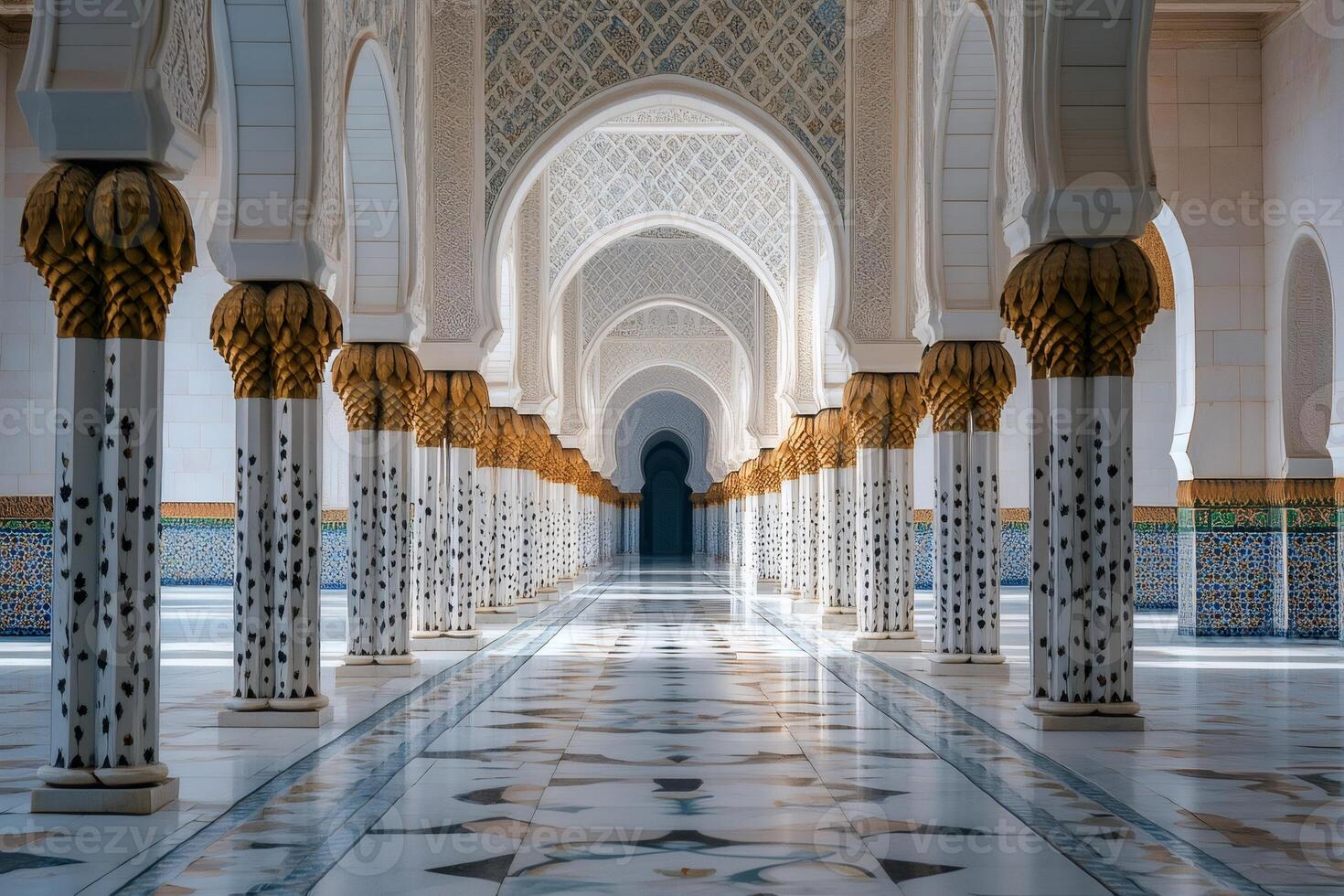 Ornate columns and arches inside Hassan II Mosque showcasing Islamic architecture photo