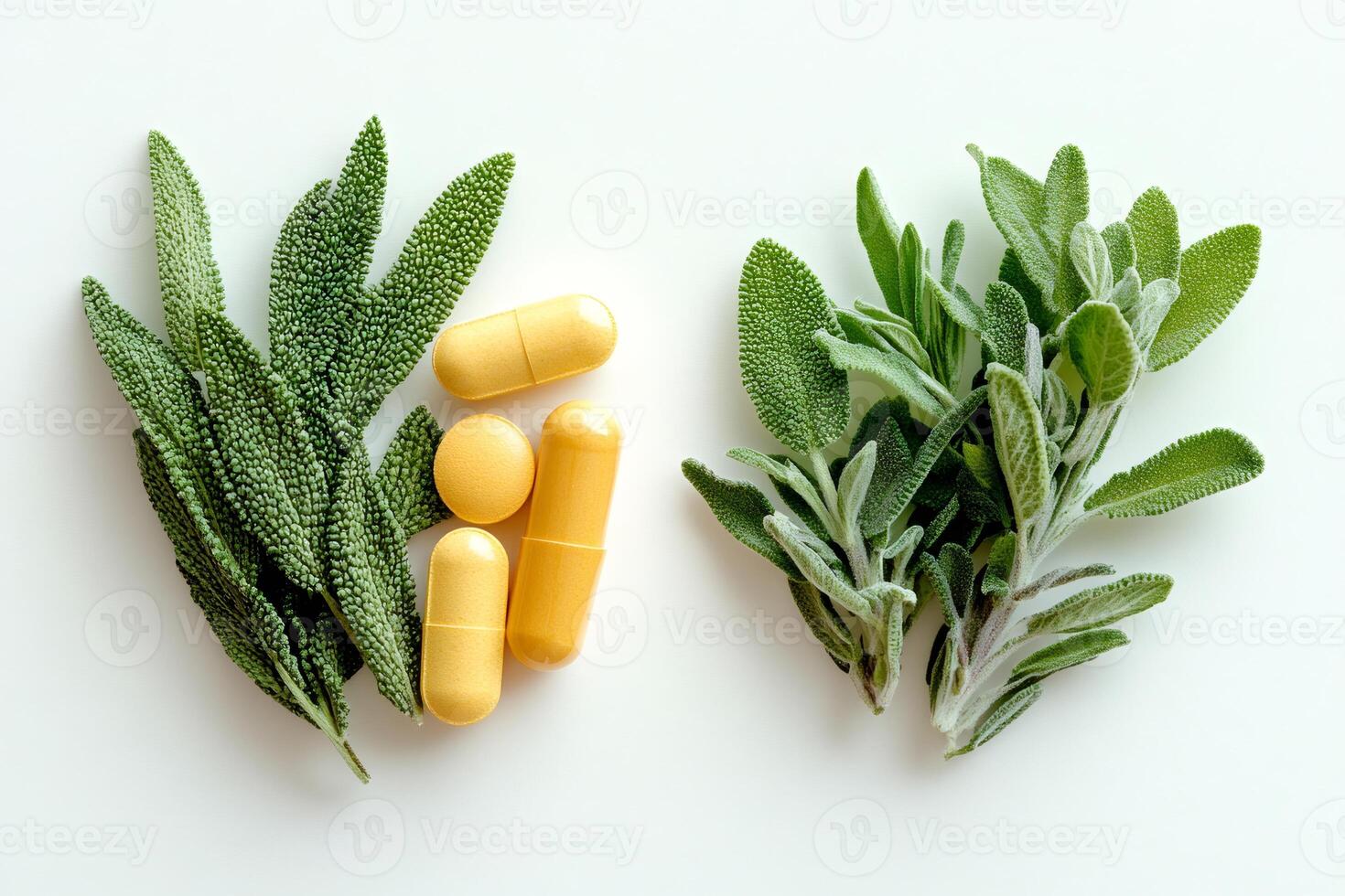 Fresh sage leaves and pills lying on white surface promoting natural medicine photo