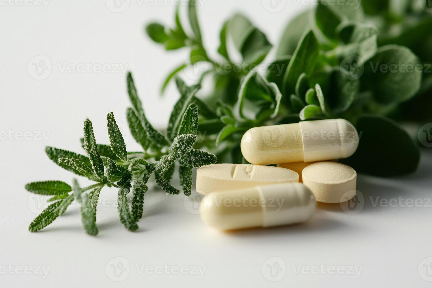 Herbal medicine and natural pills lying on white surface next to fresh green leaves photo