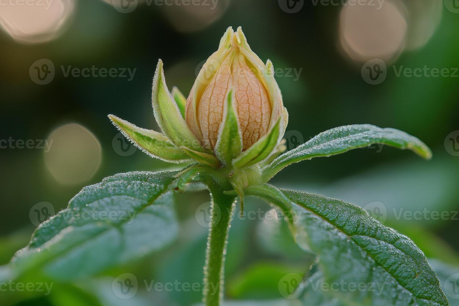 Closed bud of lavatera showing dew drops on green leaves in soft light photo